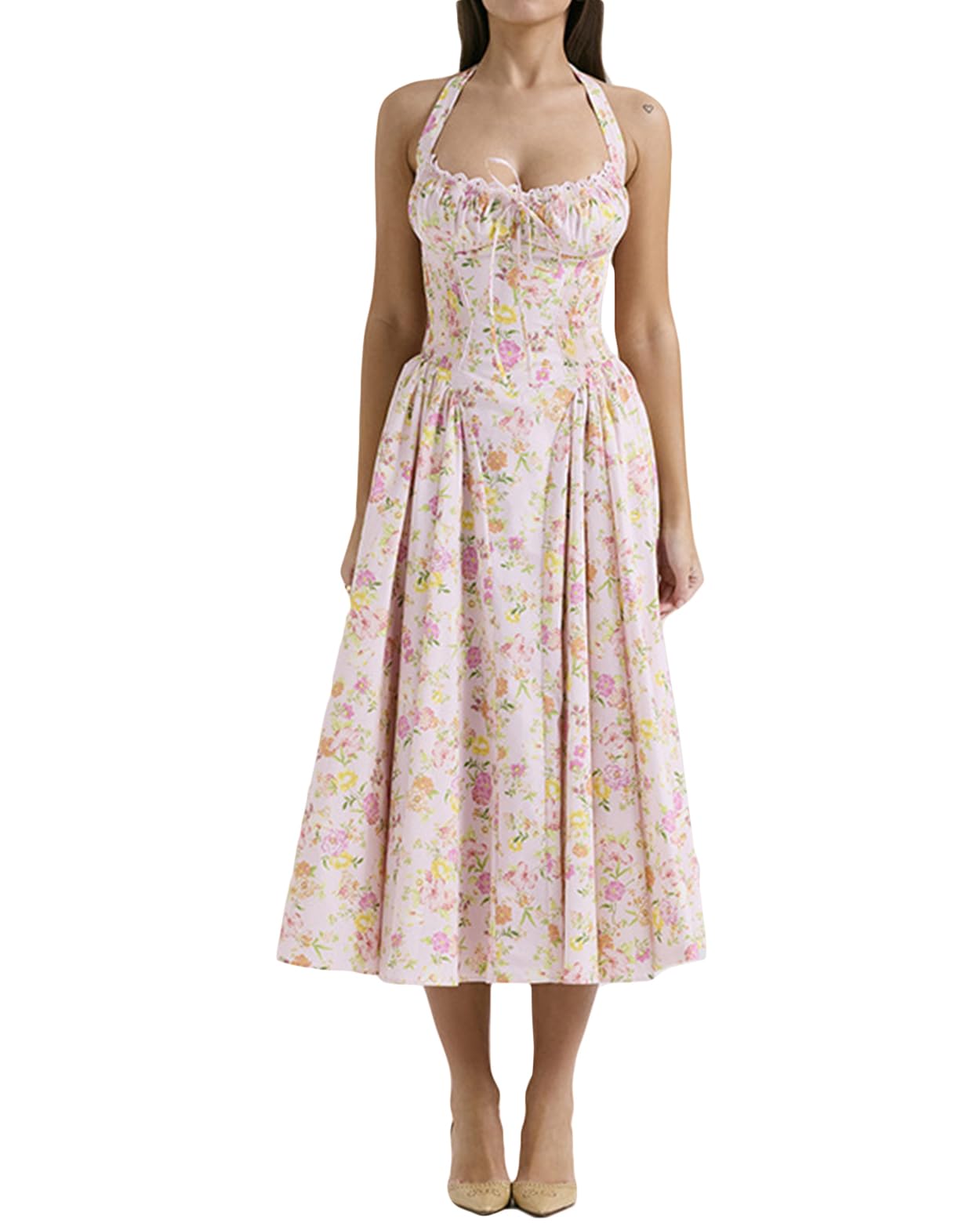 Houstil Women's Floral Print Halter Midi Dress - Sleeveless Strappy Bodycon for Summer, Beach, Wedding Guest & Casual Wear | Perfect for Vacations, Parties & Date Nights