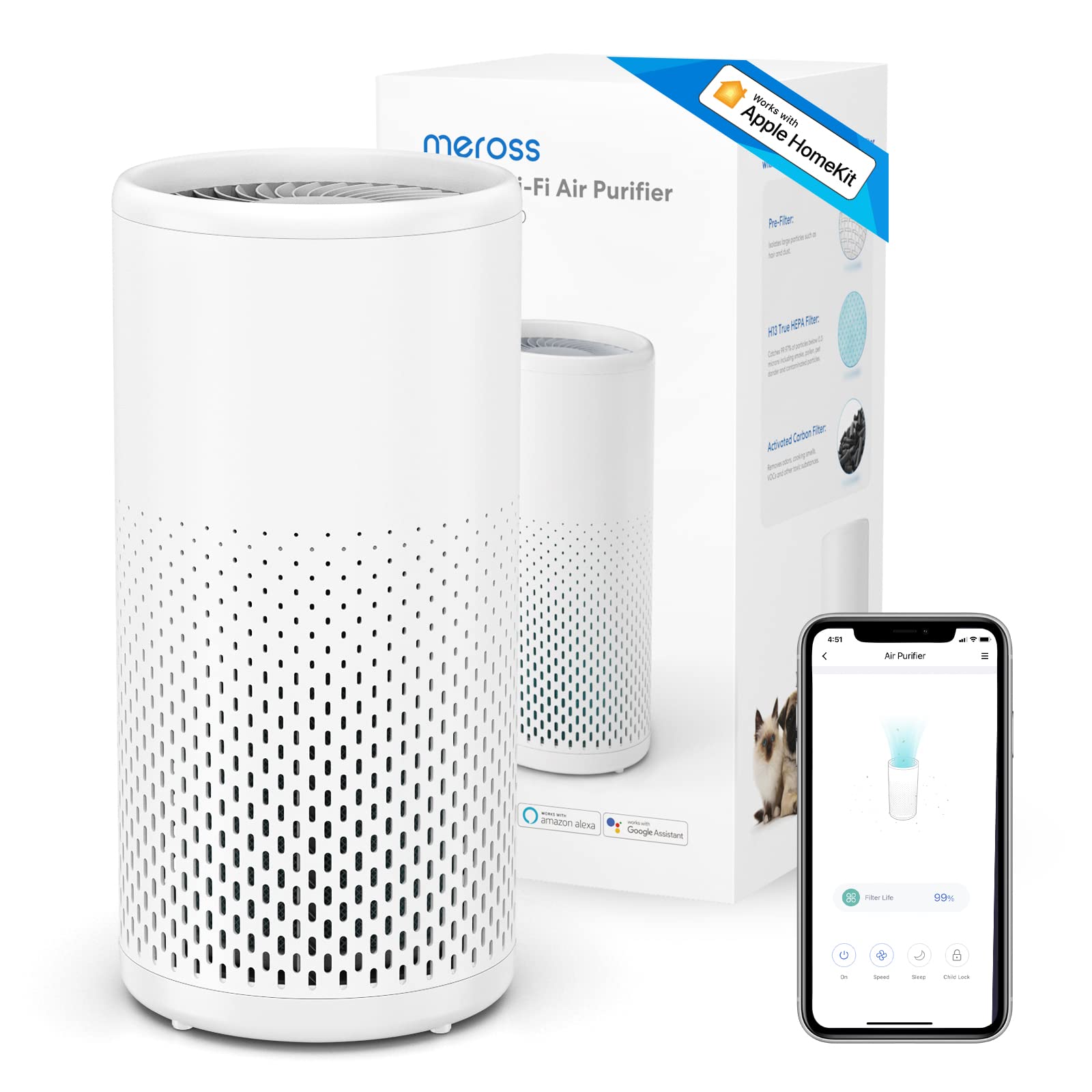 meross Smart Wi-Fi Air Purifier for Home with H13 True HEPA Filter - Works with Apple HomeKit, Alexa, Google Assistant & SmartThings - Ultra Quiet 24dB Air Purifier for Allergies, Pets, Smoke, Dust & Pollen - Perfect for Bedrooms, Living Rooms & Offices