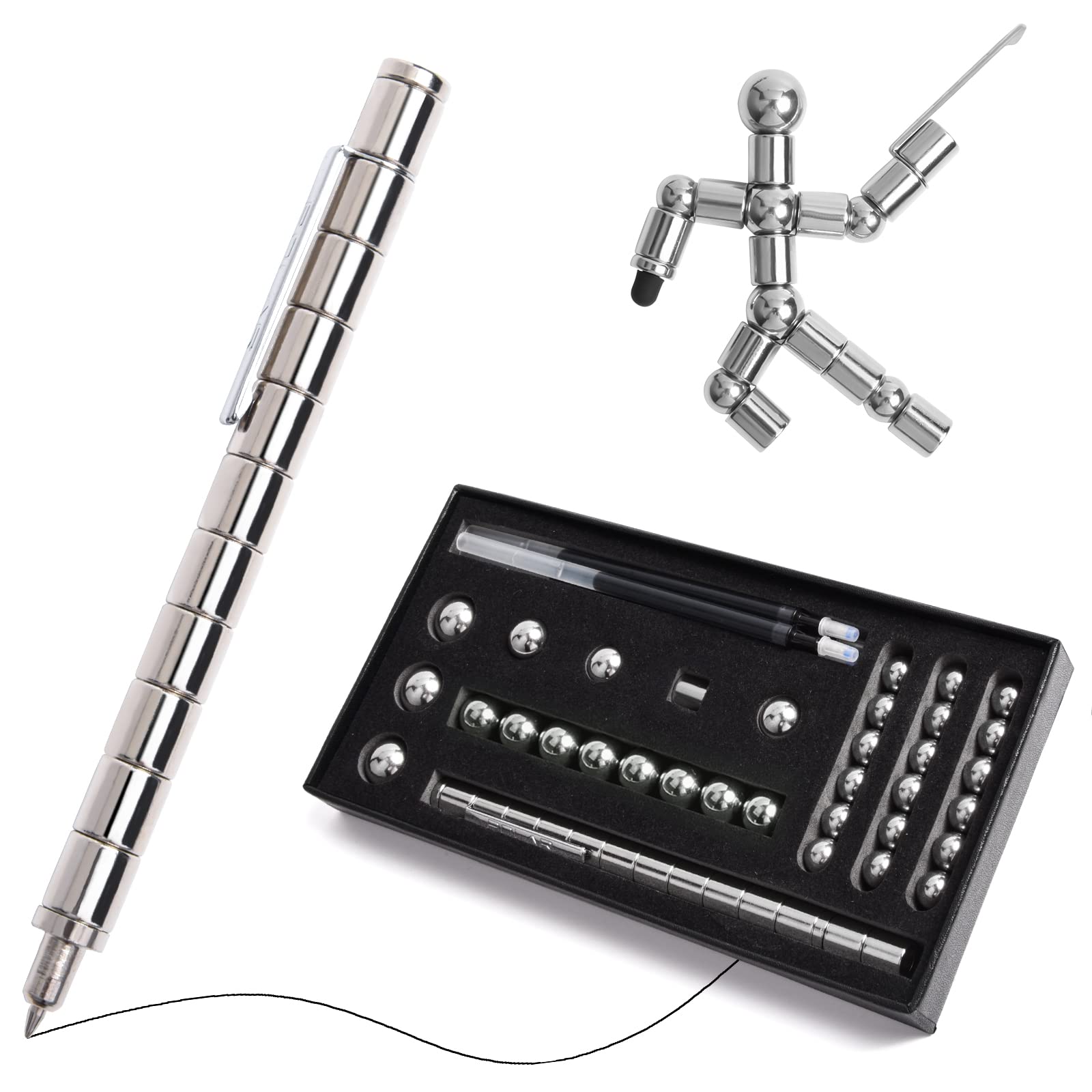 Fidget Pen Toy - Magnetic Ballpoint Pen for Stress Relief, DIY Creative Sculpture Desk Toy, Fun Birthday Gift for Kids, Friends & Students (Big Set, Silver) | Perfect for Office, School & Anxiety Relief