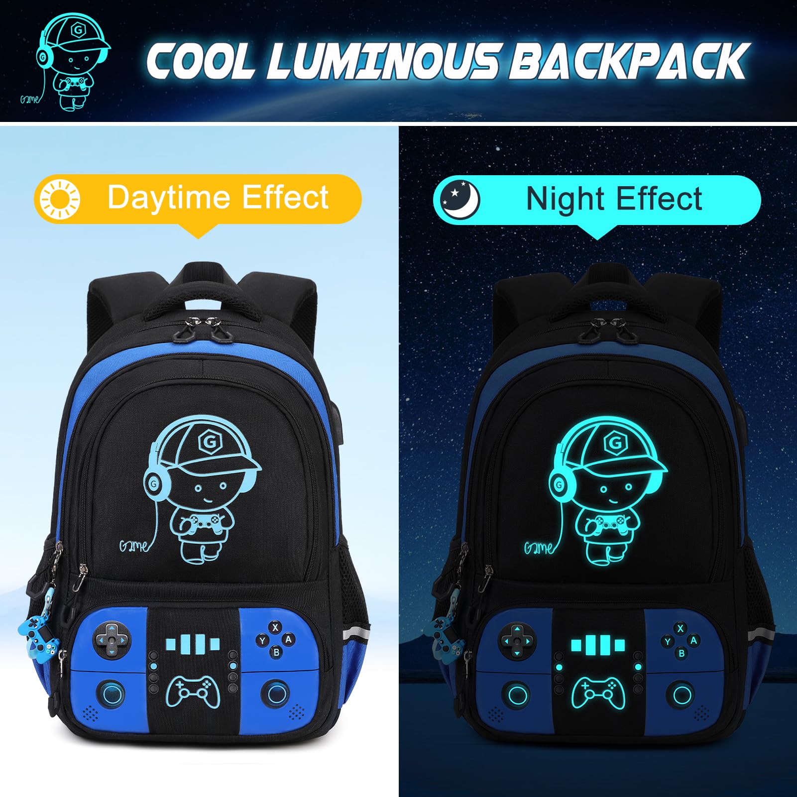 Bevalsa Luminous Gamer Backpack for Boys - Waterproof School Backpack with Lunch Box & Pencil Pouch Set - Perfect for School, Gaming, Travel & Outdoor Activities
