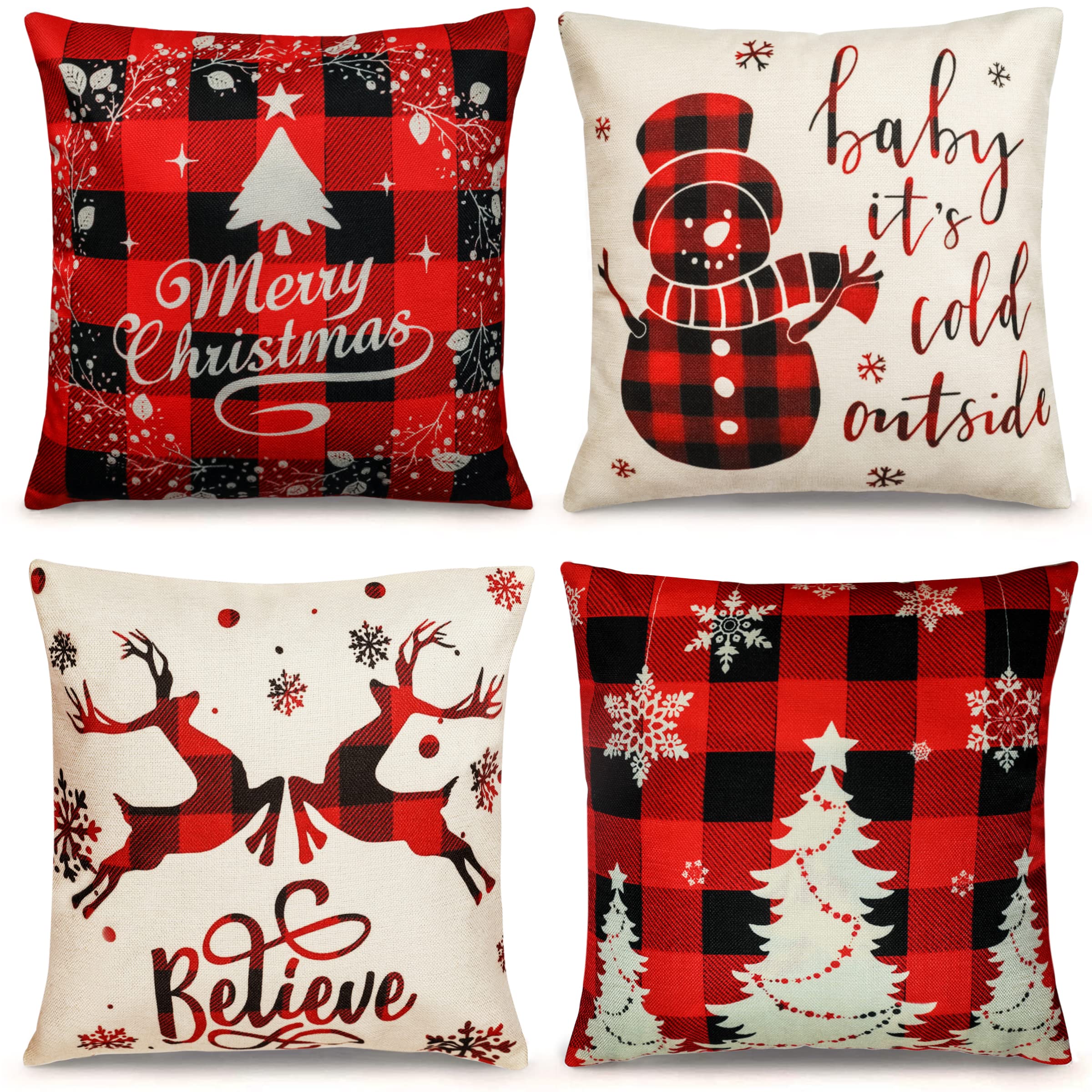 Farmhouse Christmas Pillow Covers Set of 4 - 18x18 Inch Holiday Decorative Throw Pillow Cases for Sofa, Couch & Home Decor - Perfect for Living Room, Bedroom & Christmas Decorations