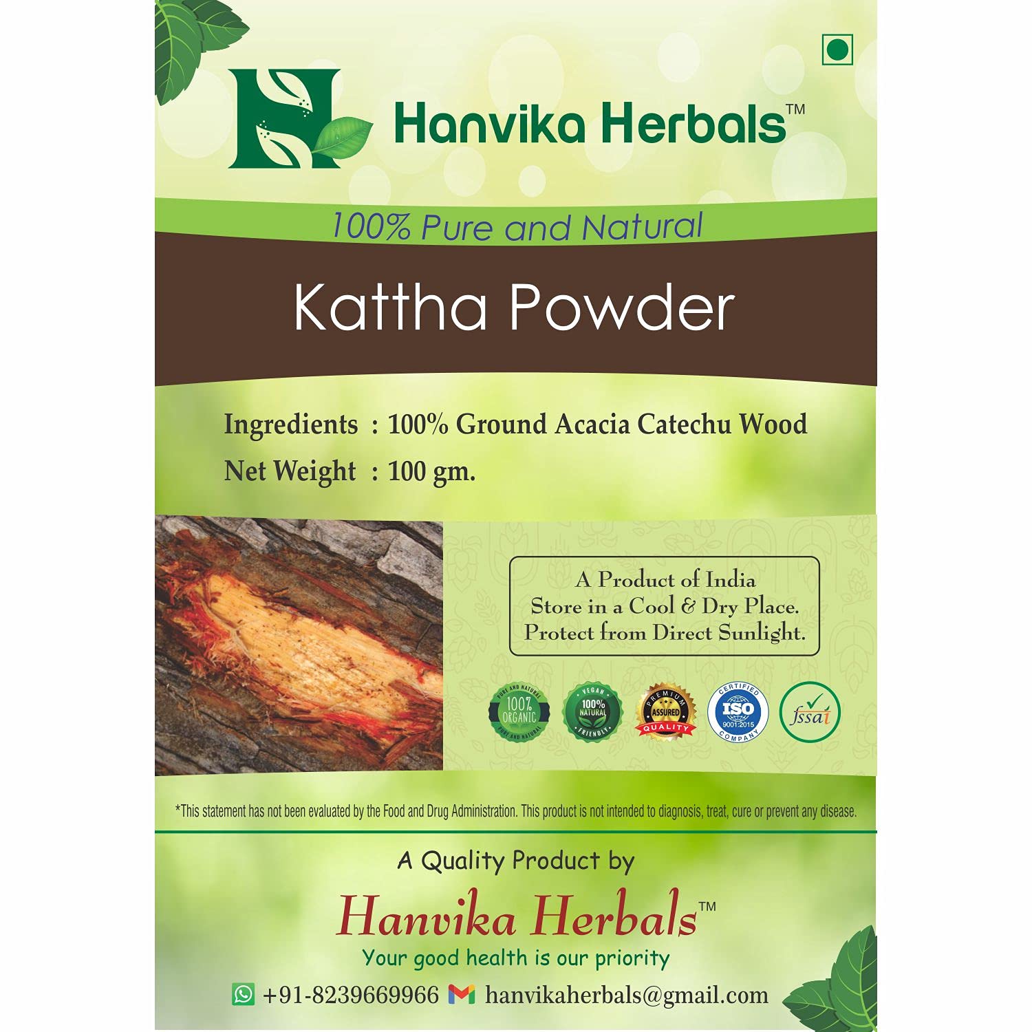 Hanvika Herbals Kattha Powder - 100% Pure Ground Acacia Catechu Wood (100g) | Natural Dye for Hair & Fabric | Traditional Ayurvedic Ingredient for Paan & Herbal Remedies