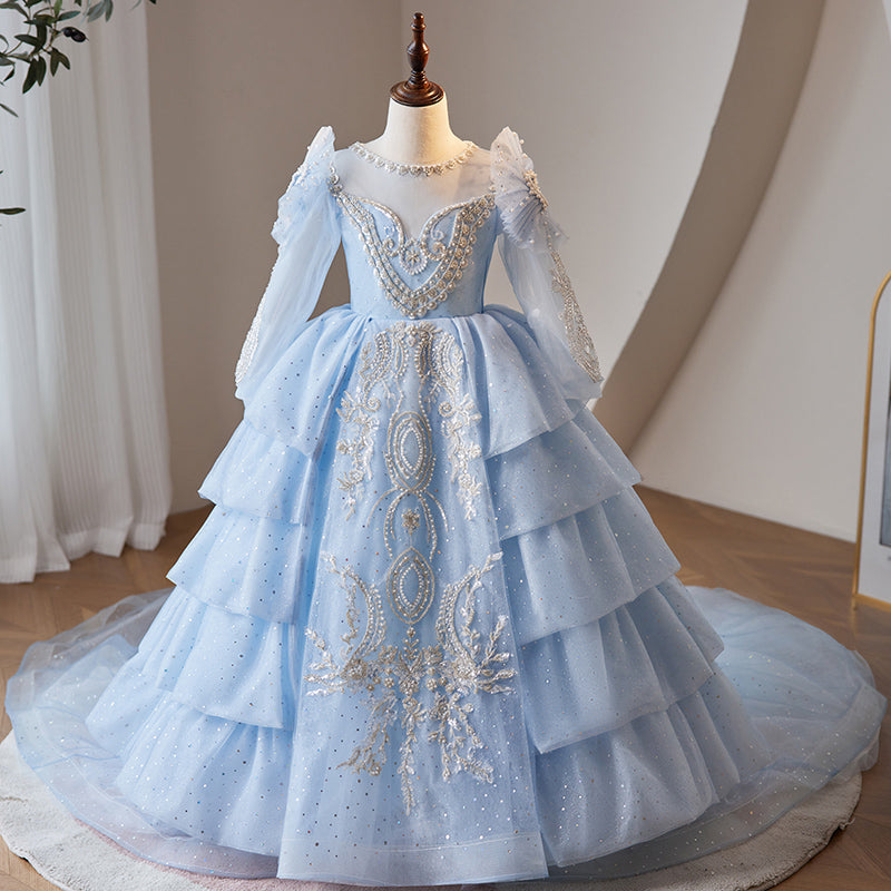 Elegant Dusty Blue A-Line Flower Girl Dress with Lace & Sequins – Perfect for Weddings, Bridal Showers & Special Occasions