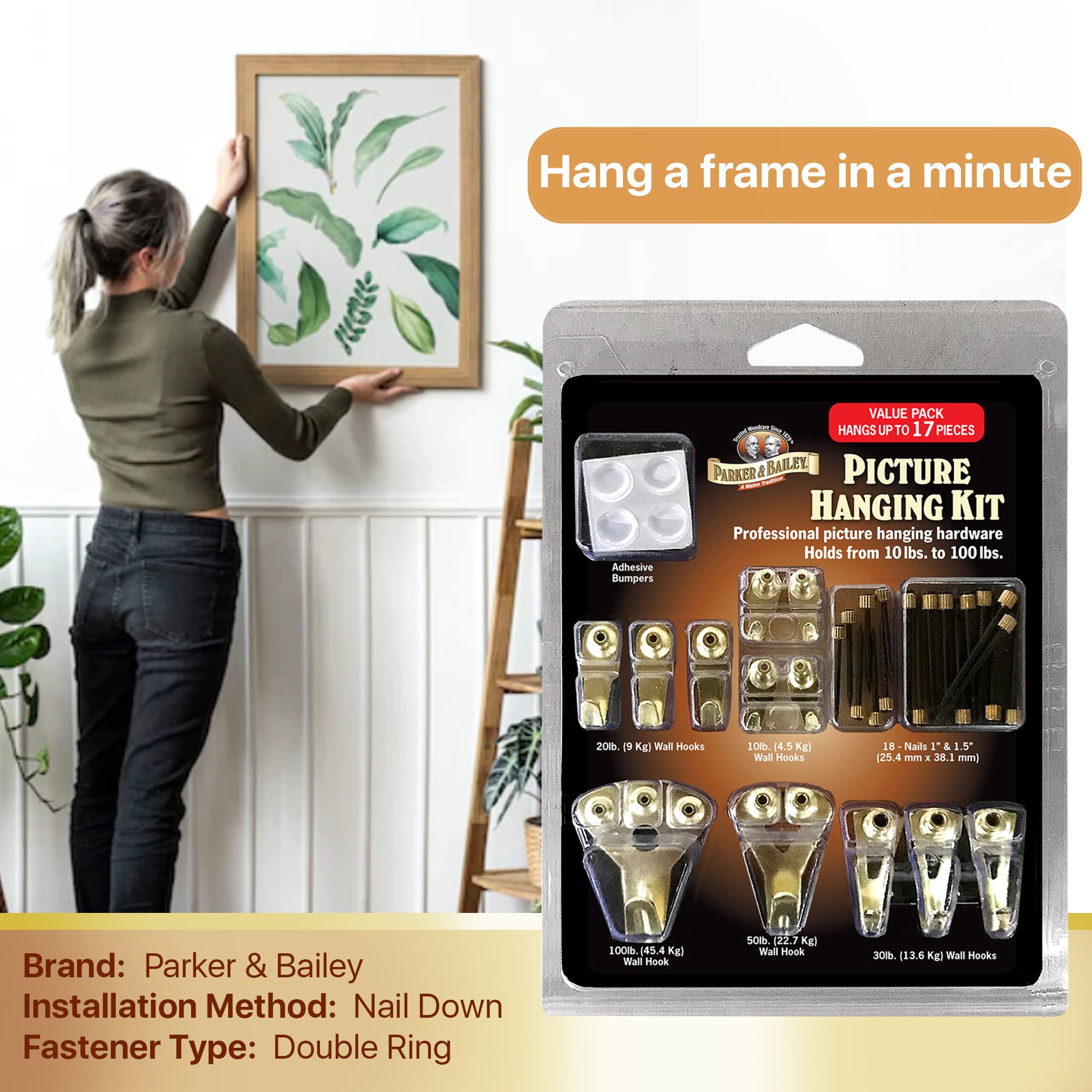 **PARKER & BAILEY 17-Piece Heavy Duty Picture Hanging Kit with Hooks, Nails & Wire – Wall Mounting Hardware for Frames, Collages & Home Decor – Perfect for Living Rooms, Bedrooms & Offices**