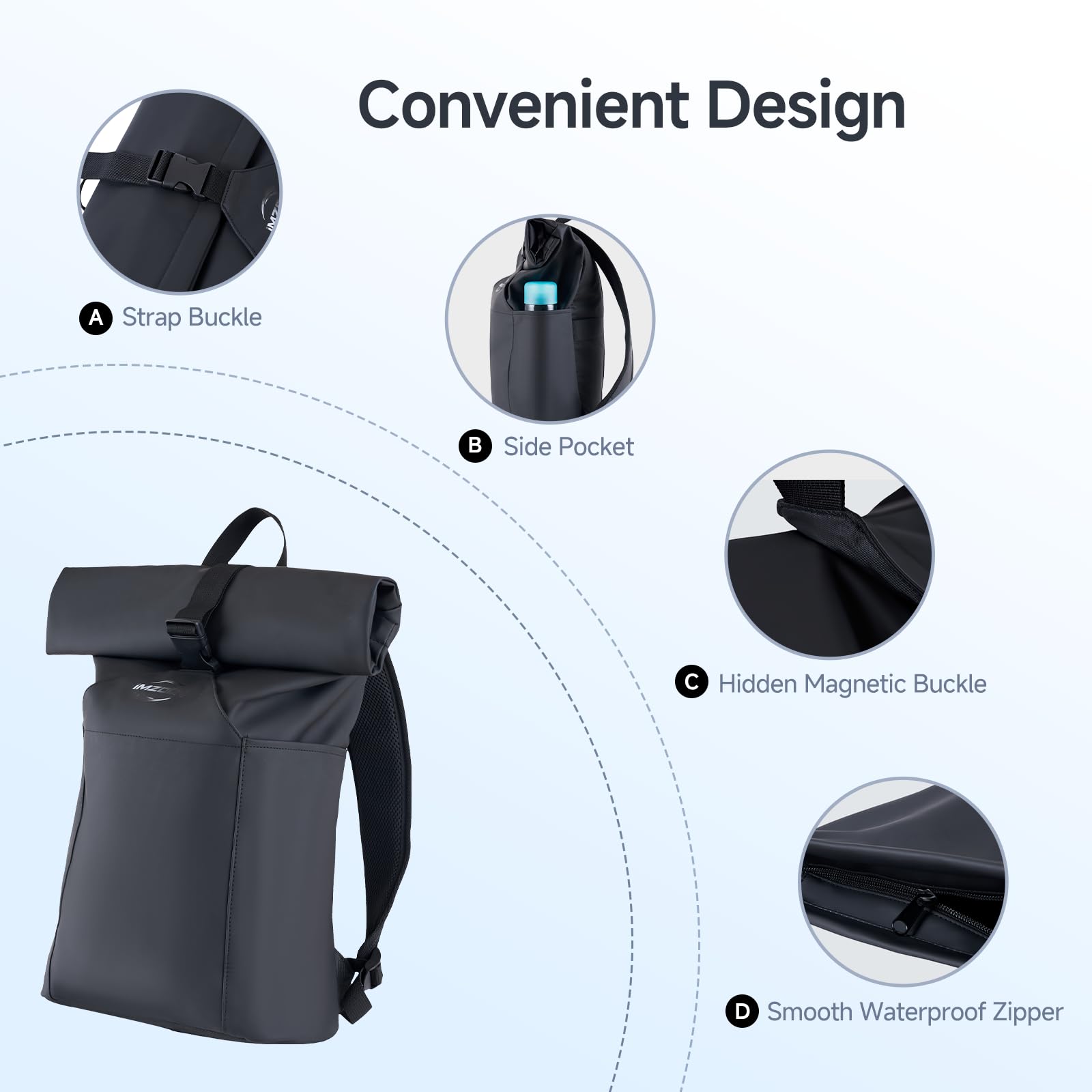 Waterproof Rolltop Backpack for Men & Women - Lightweight PU Laptop Backpack Fits 16 Inch Notebook, 23L Large Capacity Adjustable for Travel, Sports, Work, University, Camping & School - Black