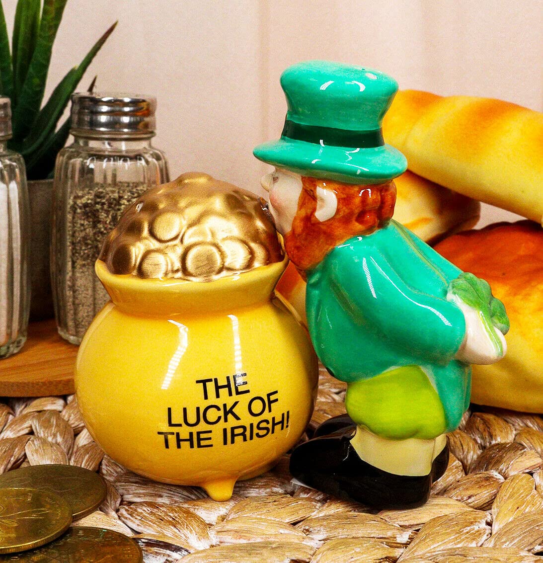 RiFHomDEc Irish Leprechaun Pot of Gold Ceramic Salt and Pepper Shakers Set - St. Patrick's Day Kitchen Decor & Tableware for Home, Party, and Gifts