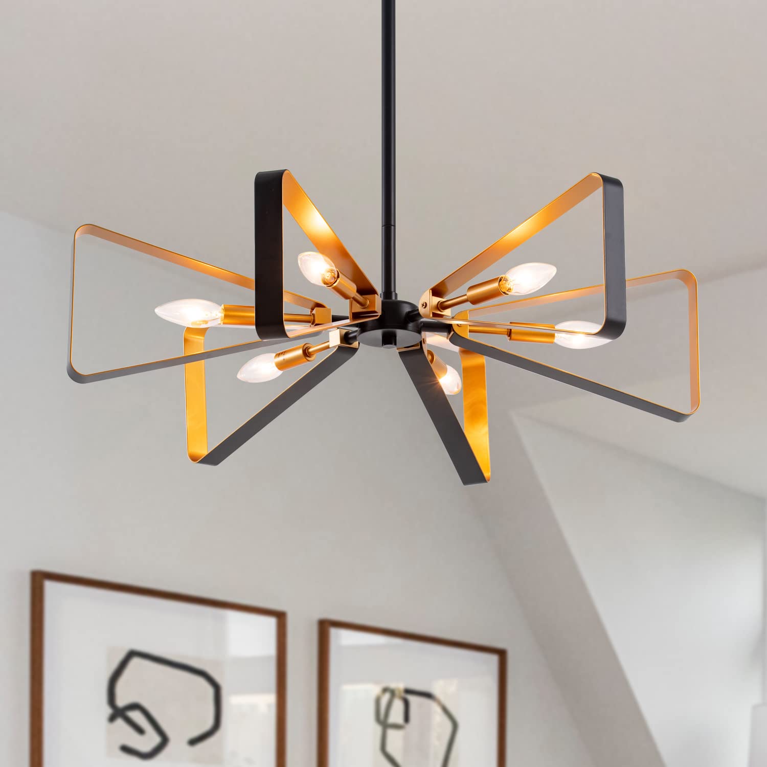 VILUXY Modern Geometric Pendant Light - 6-Light Mid-Century Chandelier with Matte Black & Brass Finish - Perfect for Dining Room, Kitchen, Living Room Lighting | Elegant Ceiling Fixture for Home Decor & Interior Design