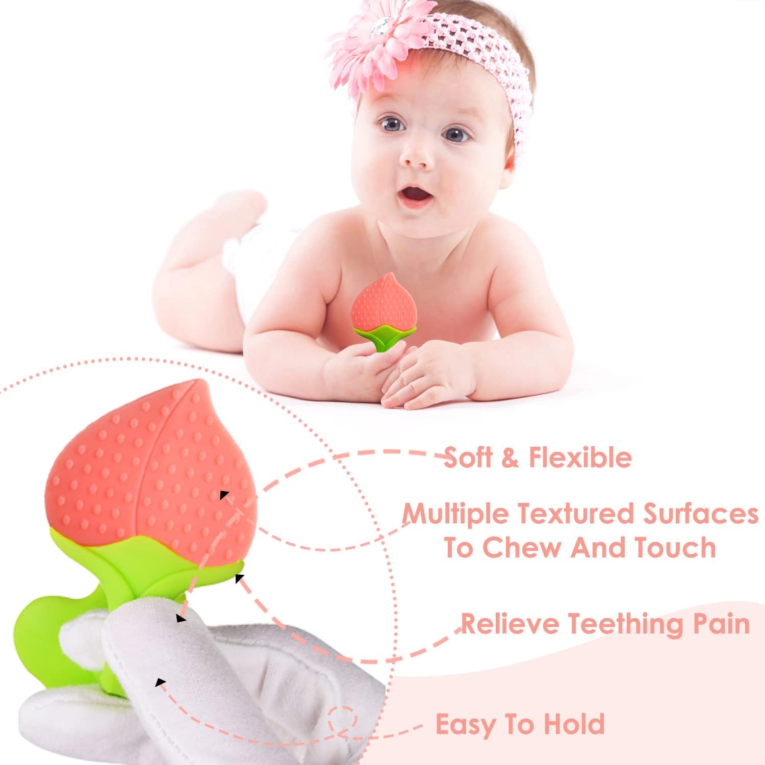Kritiu Teether & Spoons Set - BPA-Free Silicone Baby Teething Toy & Feeding Utensils for Infants 6+ Months - Safe, Soft & Practical Baby Care Essentials (Peach & Pink) - Perfect for Soothing Sore Gums & Introducing First Foods