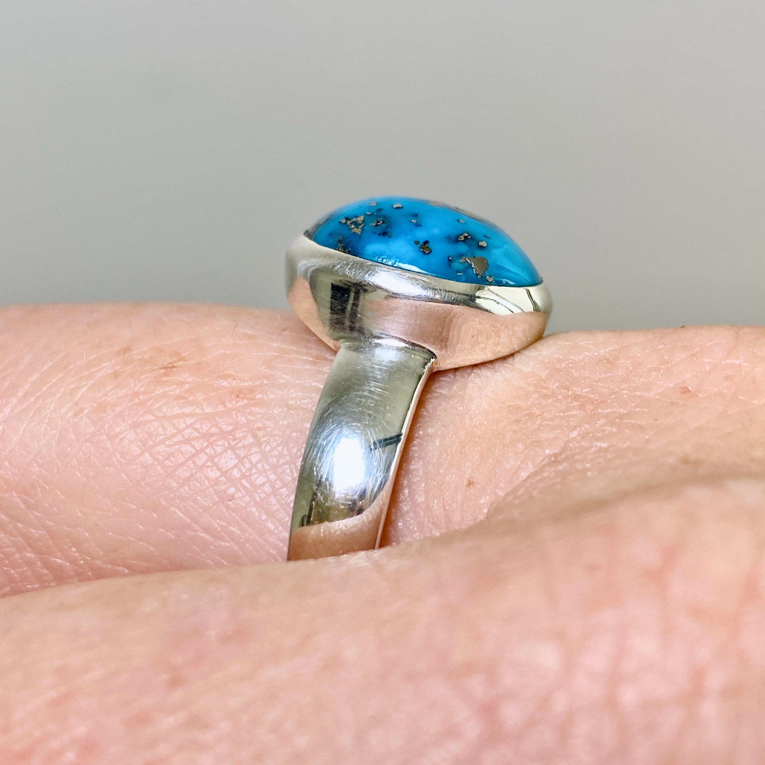 Natural Persian Turquoise with Pyrite Oval Cabochon Ring - Size 9.5 - Handmade Iranian Jewelry - Perfect for Boho Fashion & Gift Giving