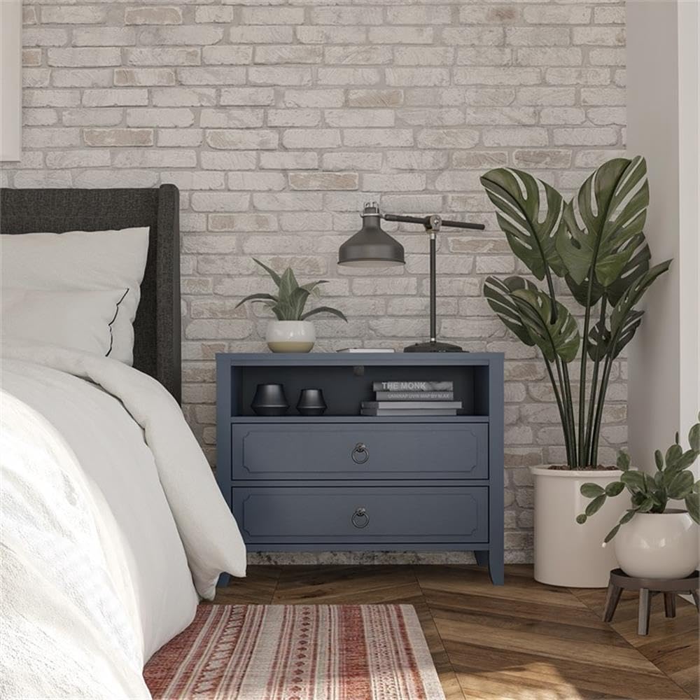 Novogratz Her Majesty 2-Drawer Nightstand in Blue - Stylish Bedside Table for Small Spaces, Modern Bedroom Decor, Apartment Living