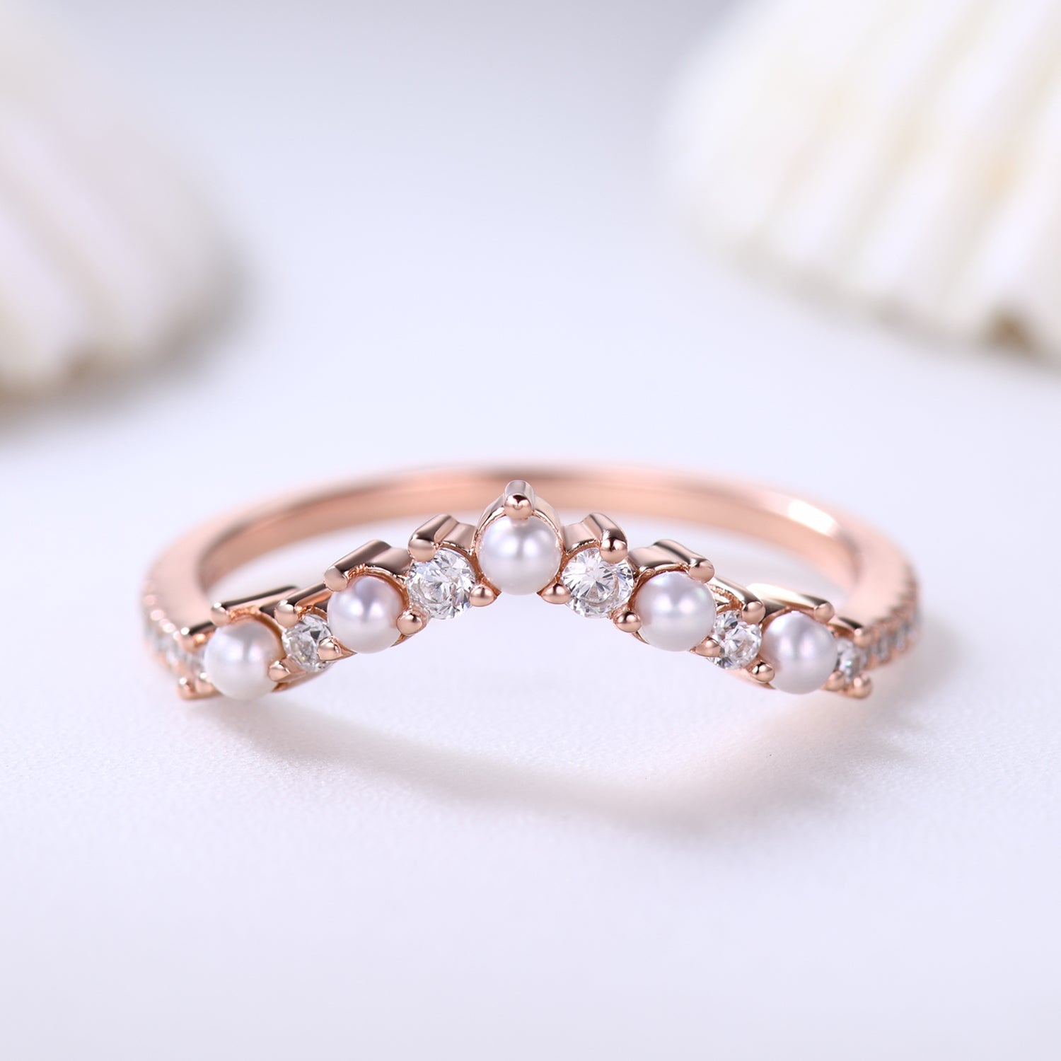 14K Rose Gold Petite V-Shaped Pearl & Diamond Stacking Ring for Women - Elegant Curve Band for Layering, Stacking, and Everyday Wear