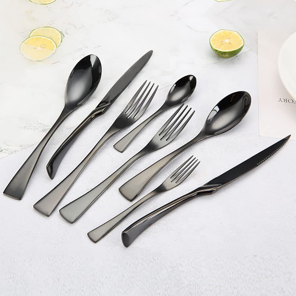 Premium 48-Piece Black Flatware Cutlery Set for 6 - 1810 Stainless Steel Silverware Set with Knives, Forks & Spoons - Modern Kitchen Utensils - Dishwasher Safe - Elegant Dining & Entertaining Essentials