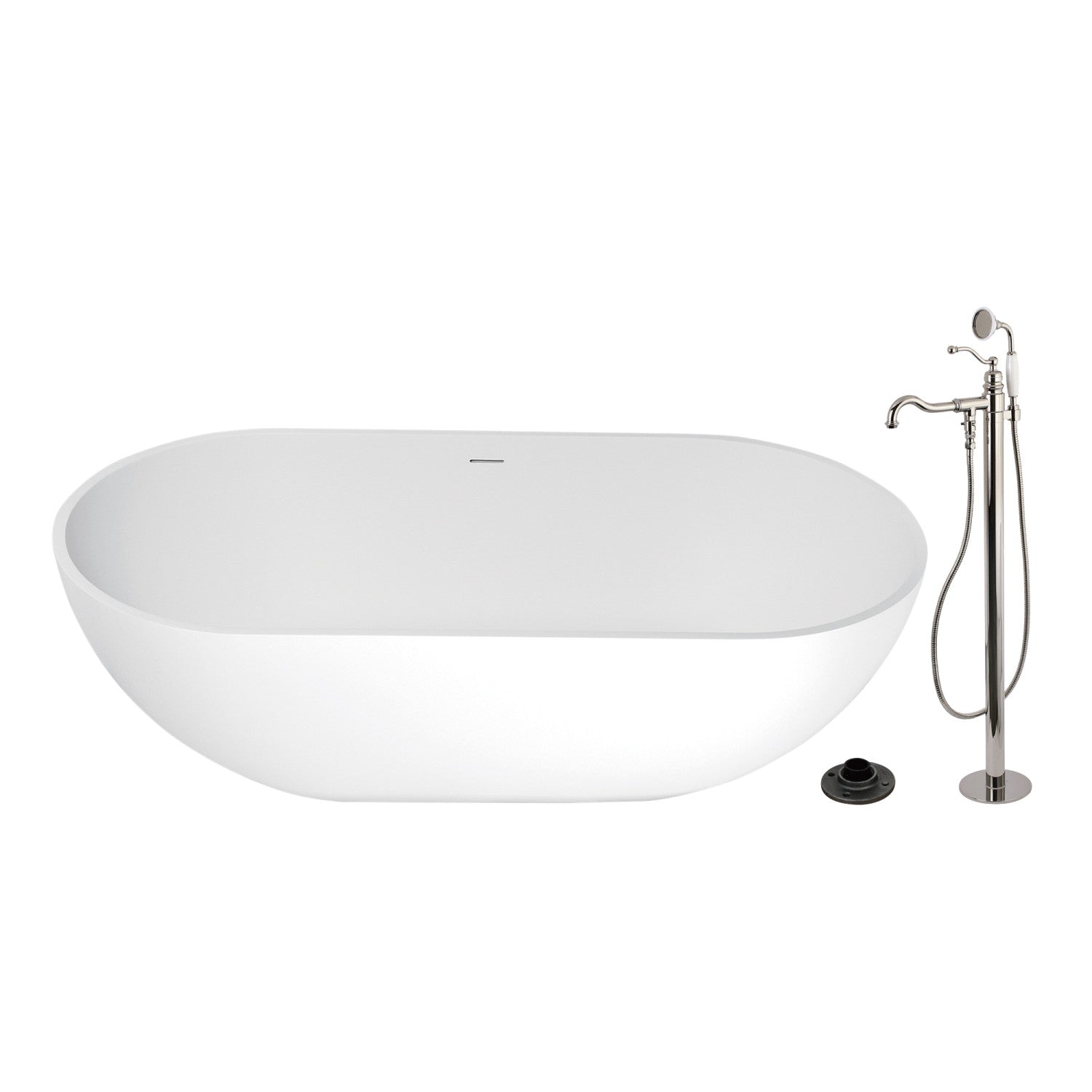 Arcticstone 70 Inch Freestanding Oval Bathtub with Faucet Combo - Solid Surface Double Ended Soaking Tub with Polished Nickel Finish - Perfect for Luxury Bathroom & Spa Relaxation