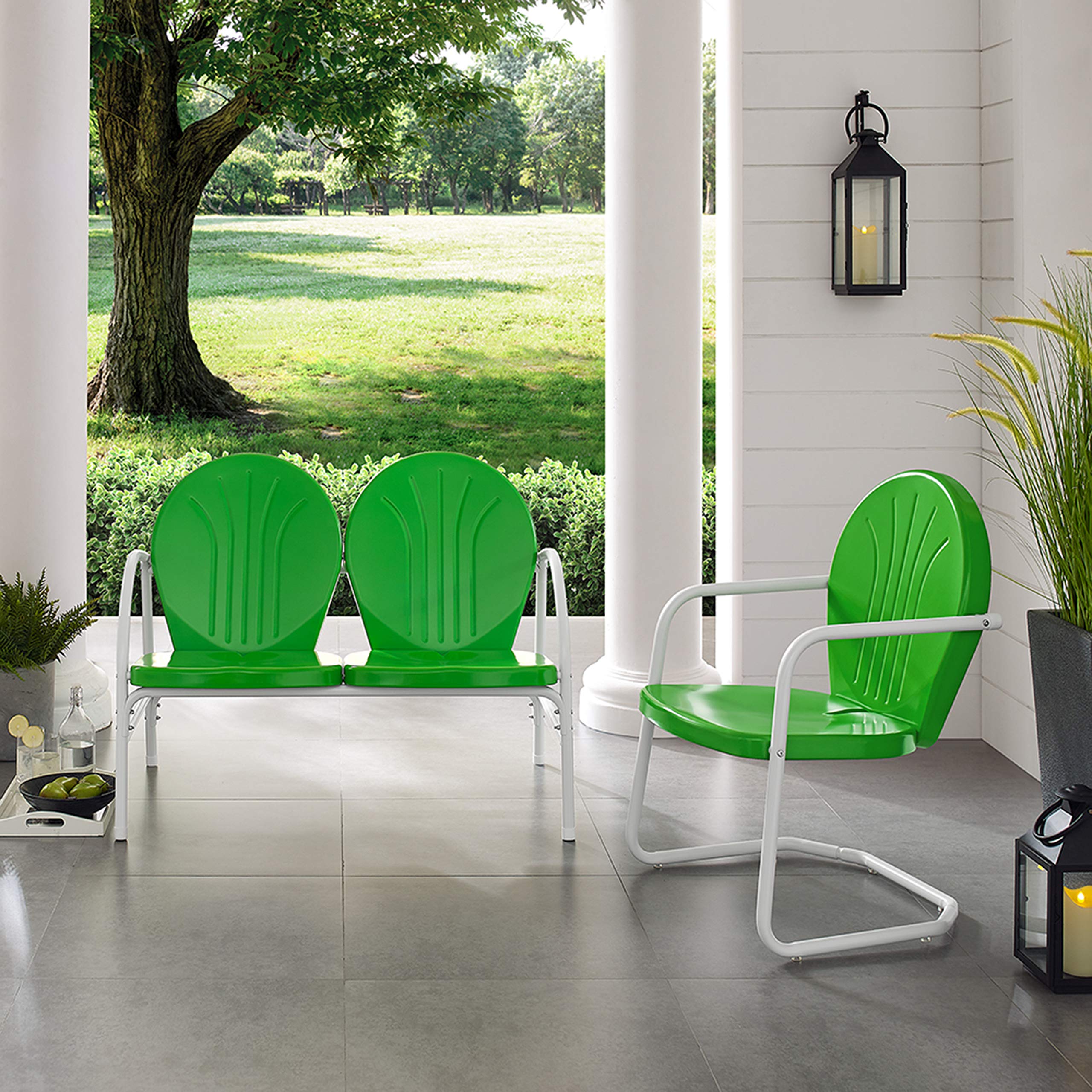 Crosley Griffith 2-Piece Retro Metal Outdoor Chair & Loveseat Set - Grasshopper Green Patio Furniture for Porch, Garden, Backyard & Poolside Relaxation