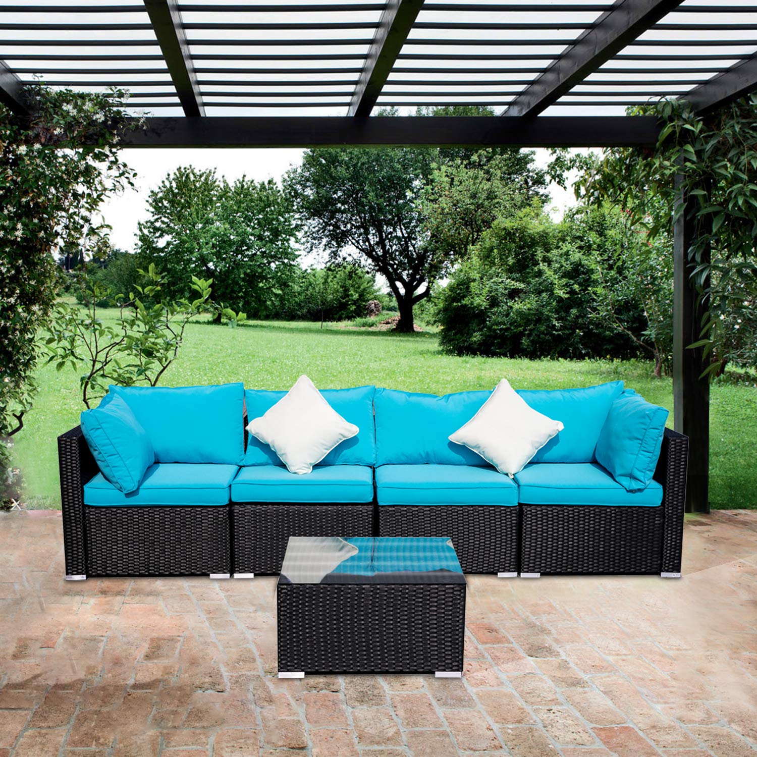 Outdoor Patio Furniture Rattan Wicker Sectional Sofa Set with Washable Cushions - 5 Piece Blue Garden Seating for Backyard, Poolside & Deck Relaxation
