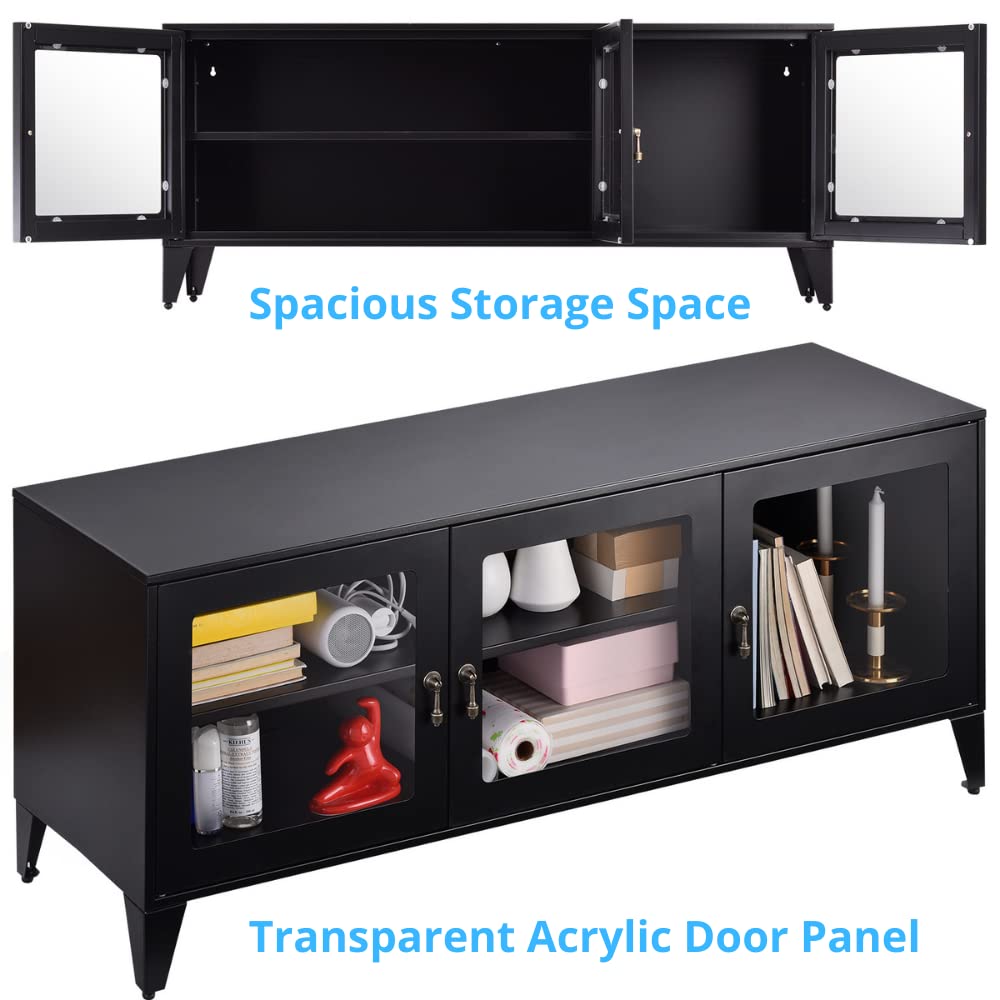 55 Inch Metal TV Stand with Acrylic Doors & Shelves - Black Entertainment Center for Living Room, Bedroom | Modern Storage Cabinet for TV, Gaming Console & Media Devices