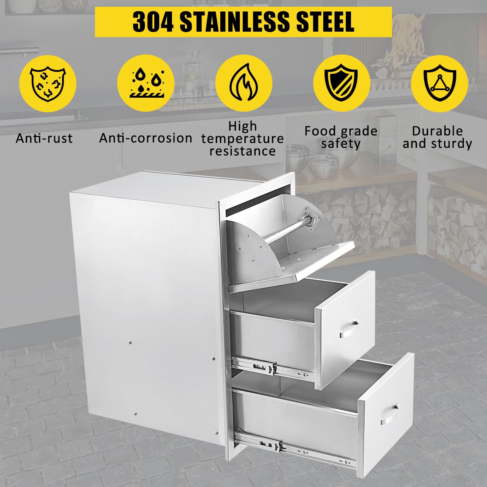 Stainless Steel Triple BBQ Drawers for Outdoor Kitchen Island - 17W x 30H x 21D Inch with Paper Towel Holder | Perfect for Grilling, Patio Cooking & Backyard Entertaining