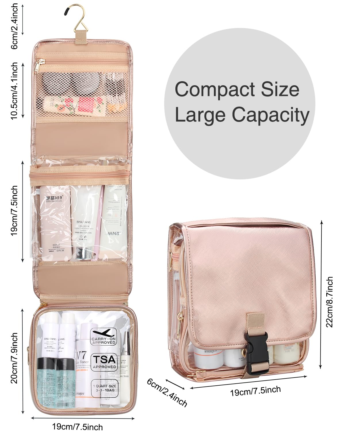 TSA Approved Hanging Toiletry Bag for Women - Foldable Travel Cosmetic Organizer with Water-Resistant Design for Jewelry & Makeup Storage - Perfect for Air Travel, Camping & Gym Use