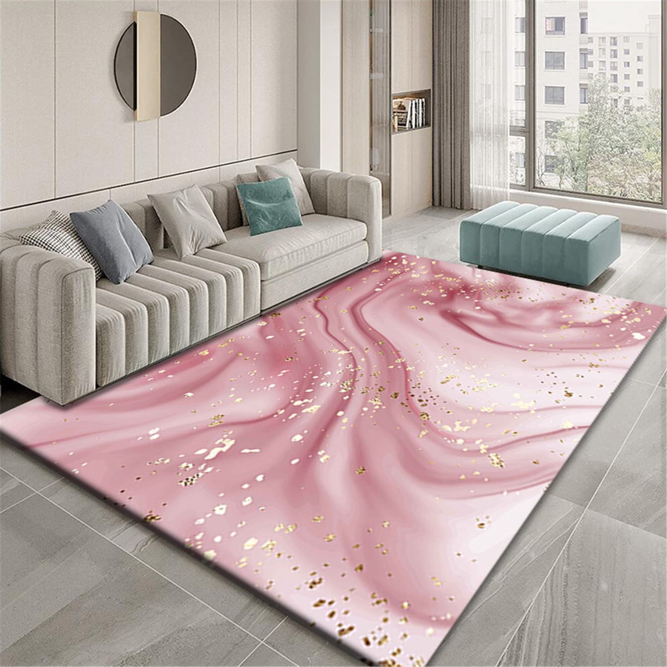 Stylish Pink Marble Rug with Gold Glitter - Non-Slip Abstract Art Floor Mat for Women & Girls - Large Area Rug, Doormat for Bedroom, Living Room, Dorm Decor