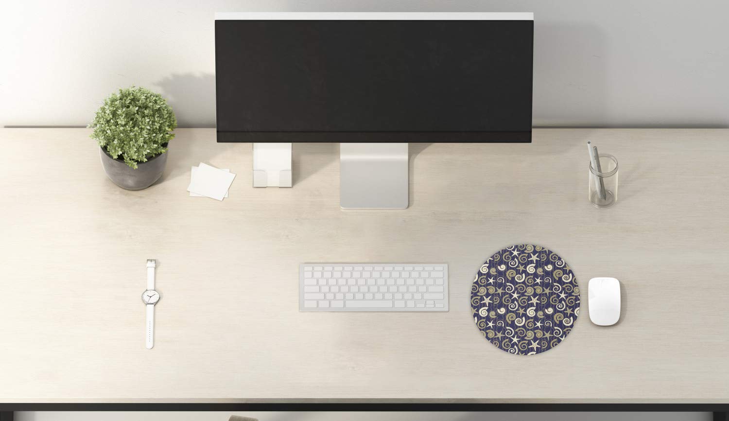 Ambesonne Round Nautical Mouse Pad - Non-Slip Thick Rubber Gaming Mousepad with Sea Shells Starfish Ocean Design, 8 Inch Dark Indigo & Eggshell | Perfect for Computer Work, Gaming & Office Use
