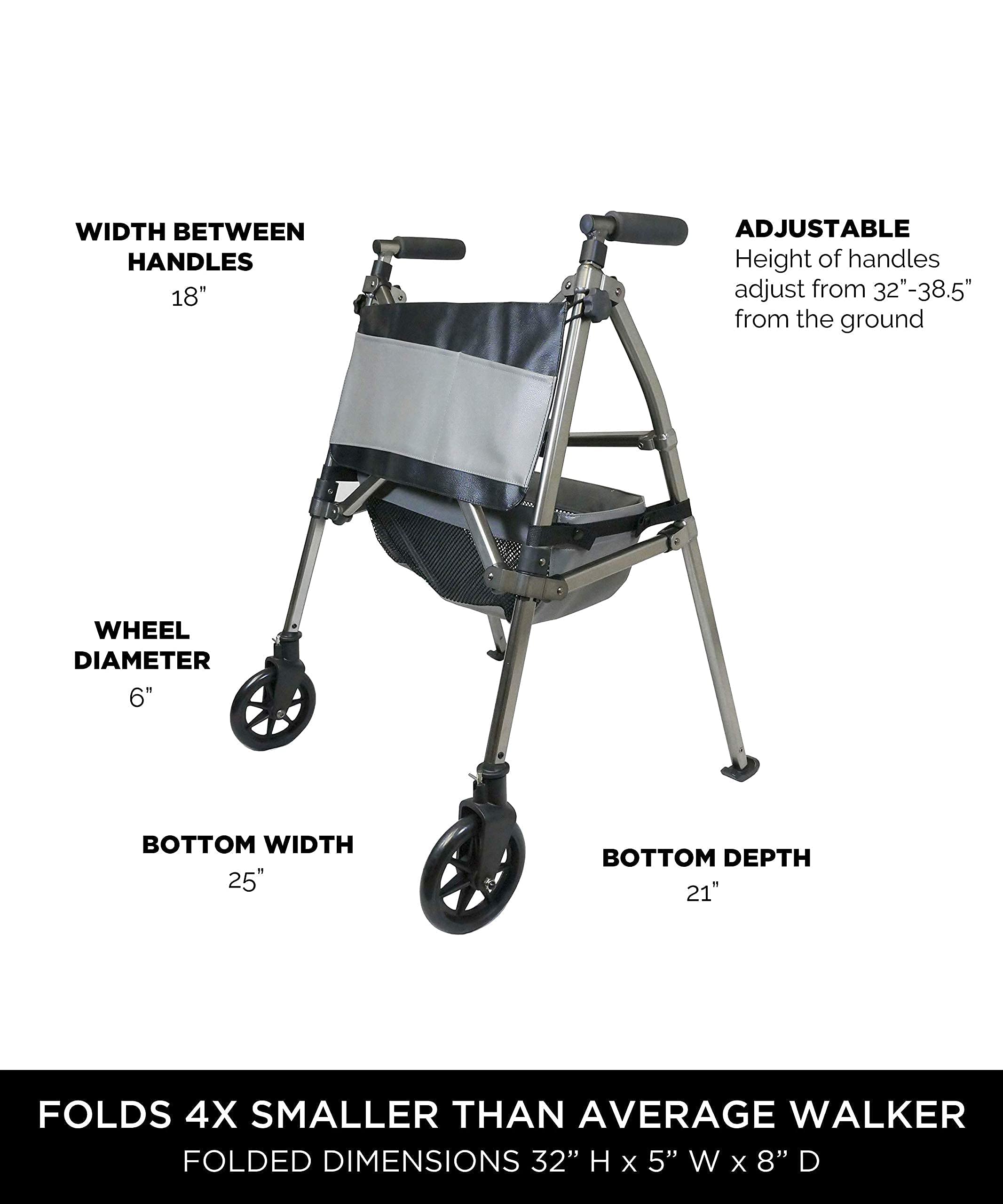 Signature Life Elite Travel Rolling Walker for Seniors - Narrow Front Wheel Walker with Organizer Pouch & Basket | Replacement Ski Glide Bundle Included | Ideal for Indoor/Outdoor Mobility Assistance & Daily Activities