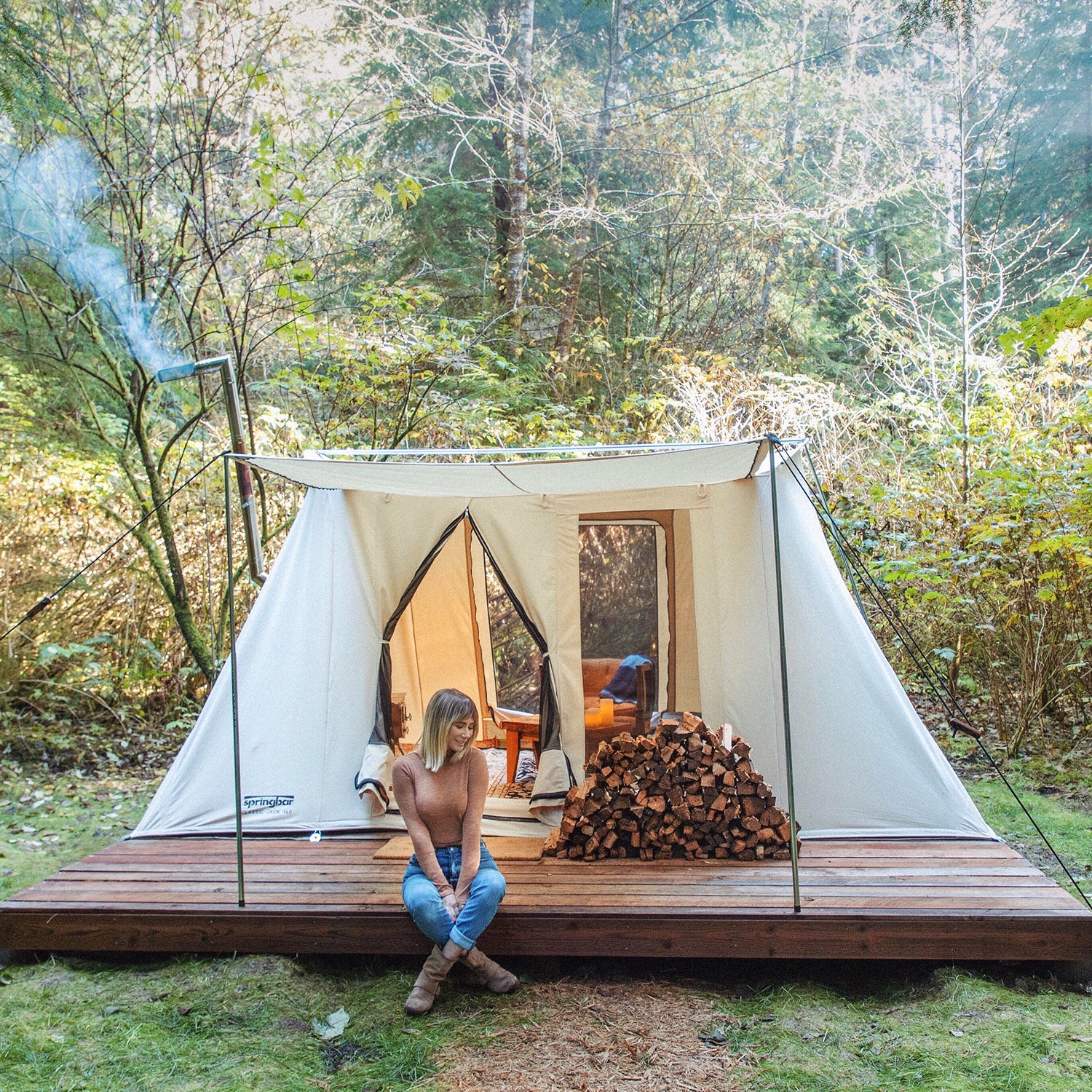 Woodlander Large Springbar Hot Tent Bundle - Premium Canvas Camping Tent for Cold Weather & Outdoor Adventures - Perfect for Winter Camping, Hunting Trips, and Backpacking Expeditions