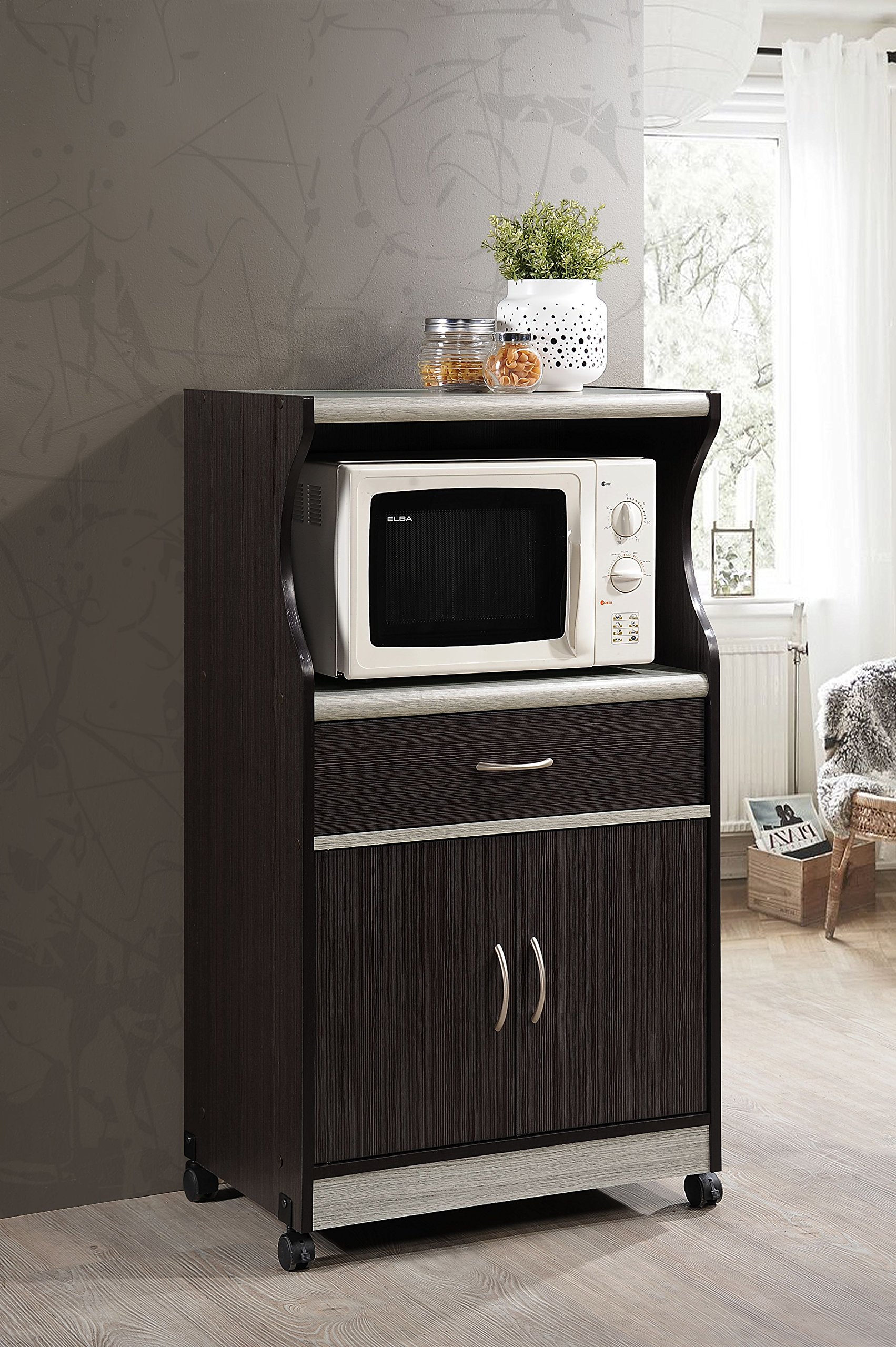 Hodedah Microwave Cart with Storage Drawer, 2 Doors & Shelf - Compact Kitchen Organizer for Small Spaces, Chocolate Grey - Perfect for Apartments, Dorms & RVs