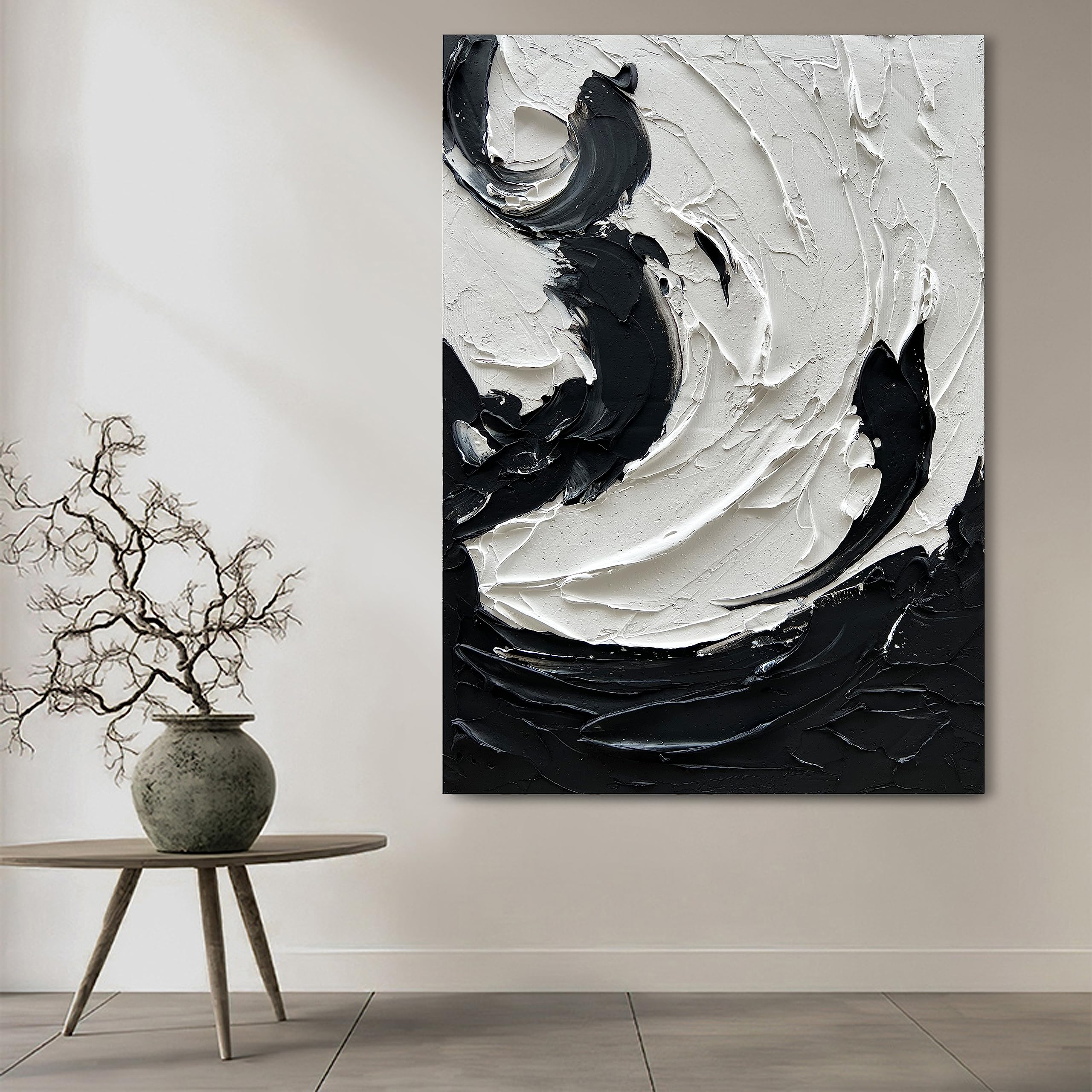 NANKAI 40x28 Inches Hand Painted Modern Abstract Oil Painting - Minimalist Black and White Wall Art with Thick Texture - Perfect for Living Room, Bedroom & Office Decor
