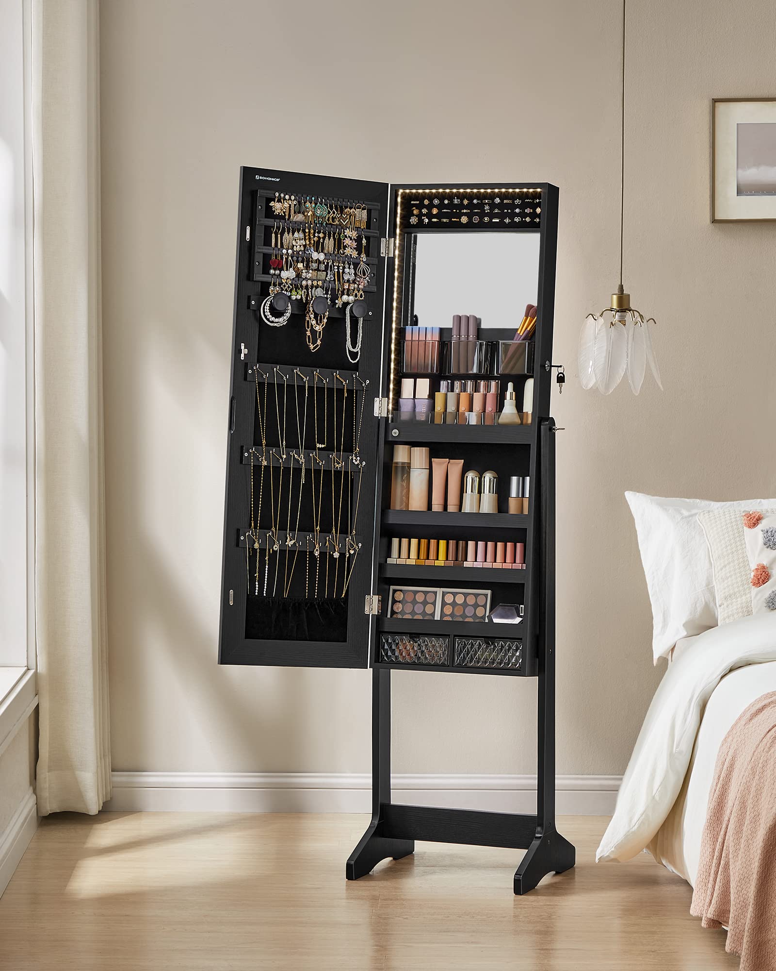 SONGMICS Full-Length LED Jewelry Cabinet with Mirror - Black Standing Armoire Organizer with 2 Drawers, Lockable Storage & Built-In Makeup Mirror | Perfect for Bedroom, Dressing Room & Closet Organization
