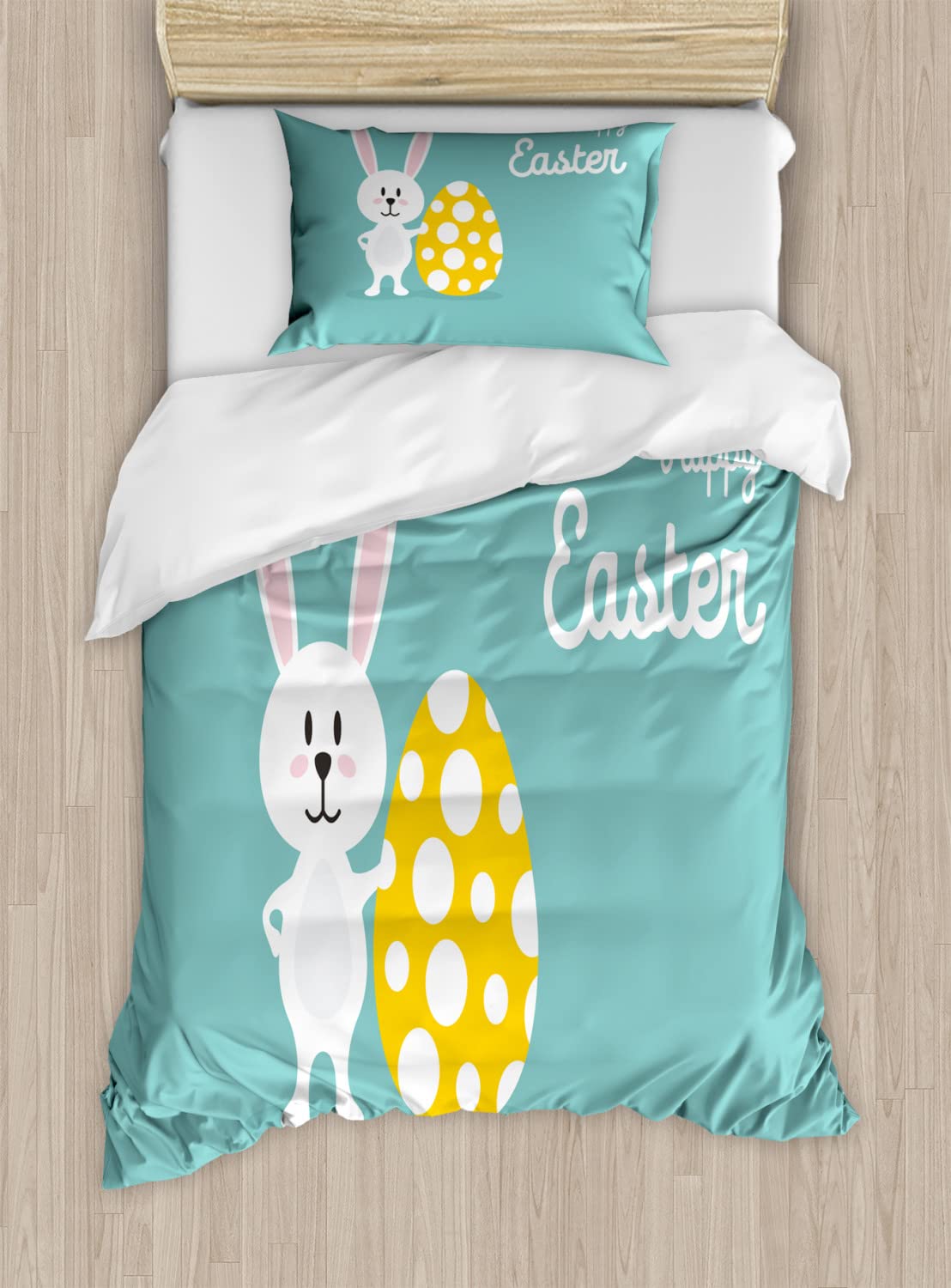Ambesonne Easter Bunny Duvet Cover Set - Twin Size 2-Piece Bedding with 2 Duvet Covers & 2 Pillowcases - Cute Easter Rabbit Holding Dyed Egg Design in Seafoam Mustard - Perfect for Spring Decor, Kids' Room, and Holiday Themed Bedrooms