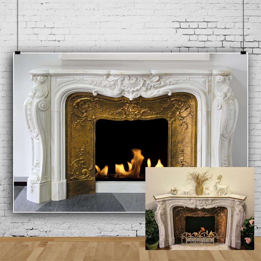 CSFOTO 10x7ft Burning Fireplace Backdrop - White and Gold Classic Fireplace Photography Background for Home Decor, Interior Design, Winter House Photo Wallpaper - Perfect for Holiday Photos, Cozy Living Room Scenes & Christmas Party Decorations