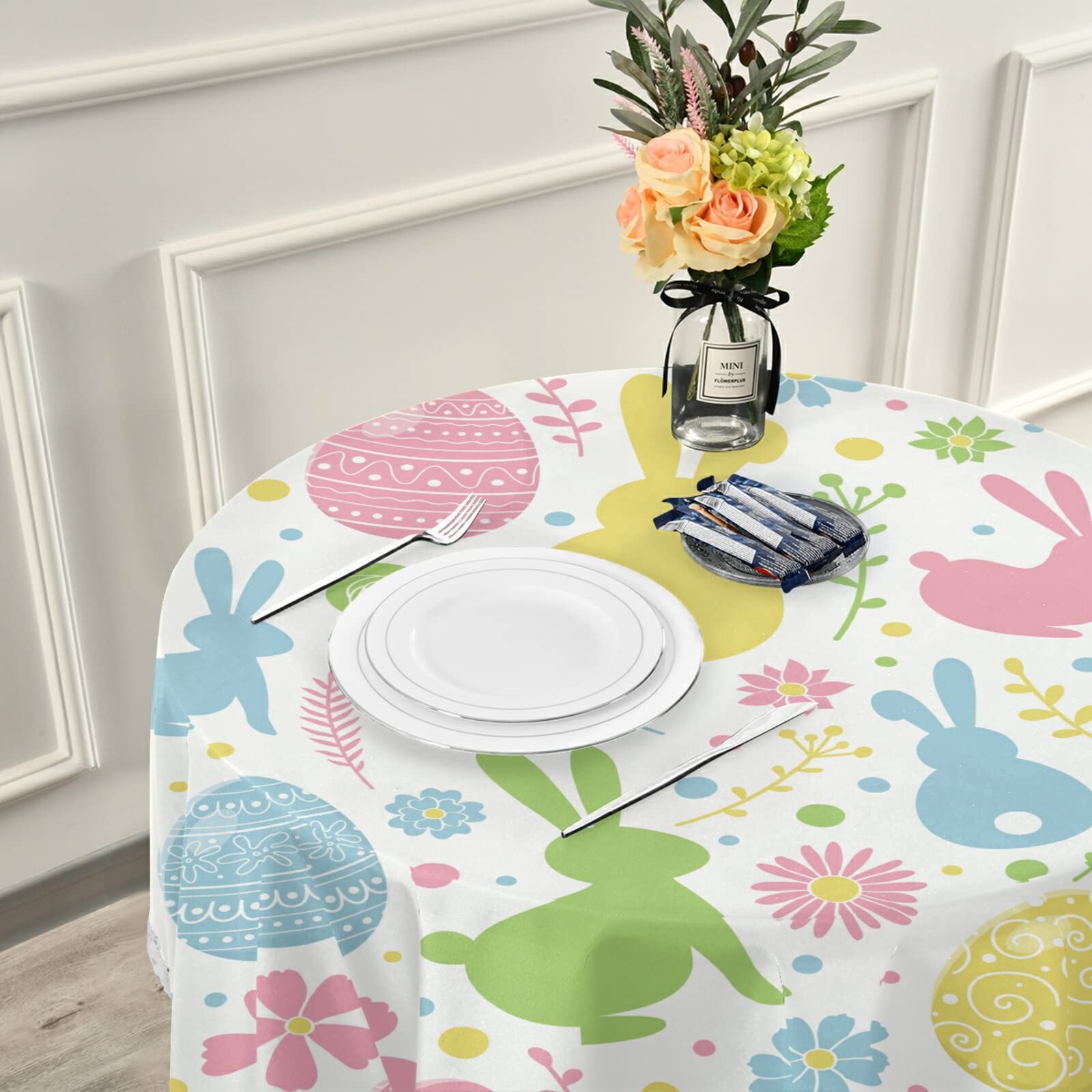 60 Inch Easter Bunny Eggs Round Tablecloth with Spring Flowers & Lace - Washable, Stain Resistant Kitchen Dining Table Cover for Holiday Home Party Decorations | Perfect for Easter Celebrations, Spring Gatherings & Family Dinners