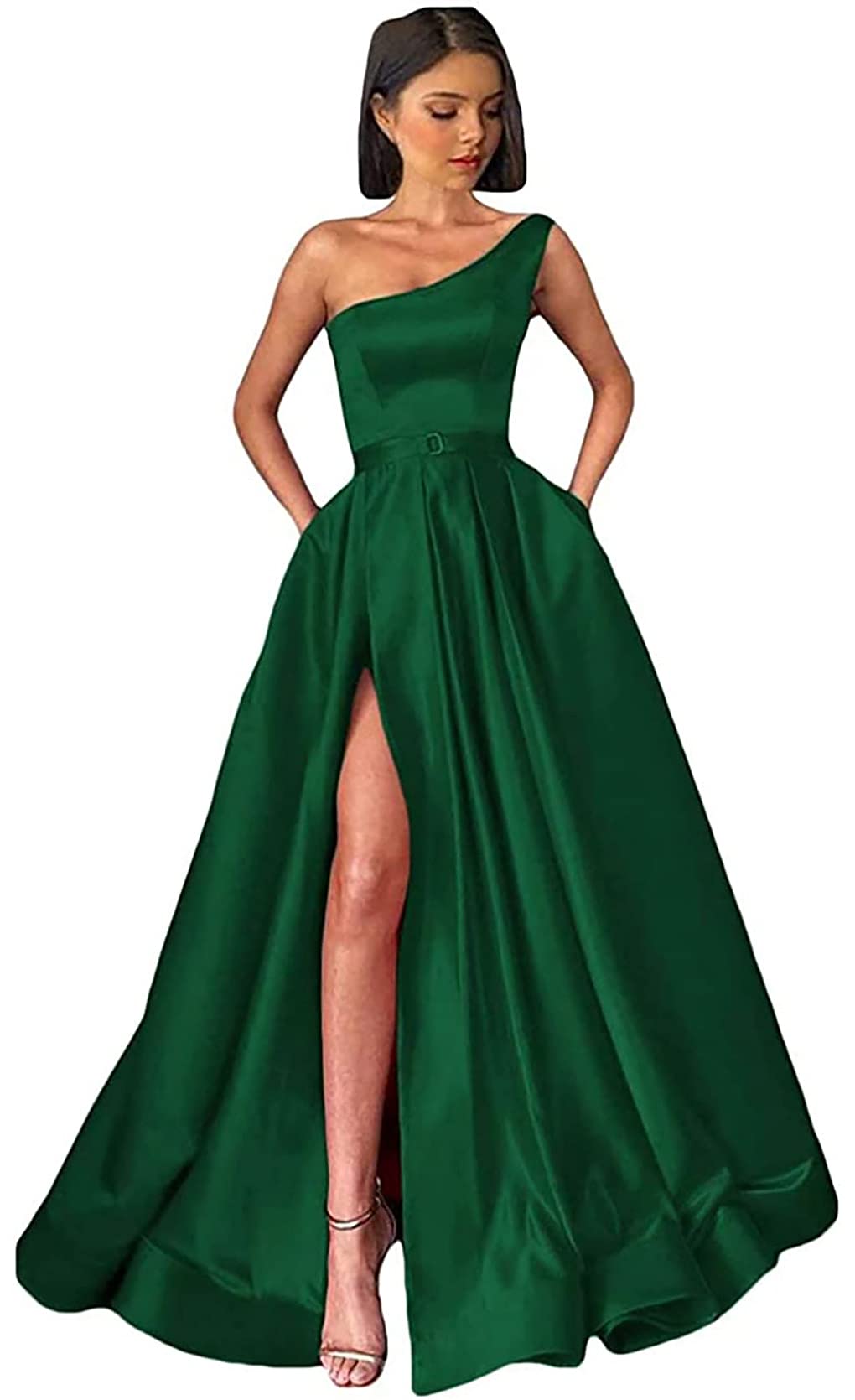 ANGELWARDROBE Women's Long One Shoulder Prom Dress - A-Line Satin Formal Evening Gown with Slit Pockets for Homecoming, Wedding Guest & Cocktail Party