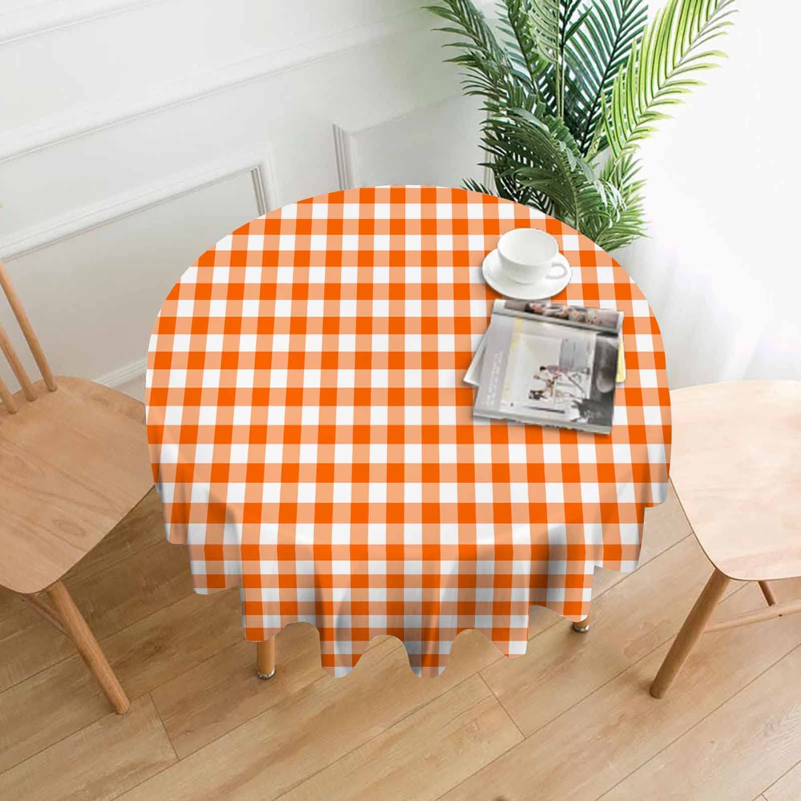 Zaueky 60-inch Orange and White Checkered Round Tablecloth - British Traditional Classic Oil Proof & Spill-Proof Table Cover for Dining, Kitchen, Parties, Picnics, and Outdoor Gatherings