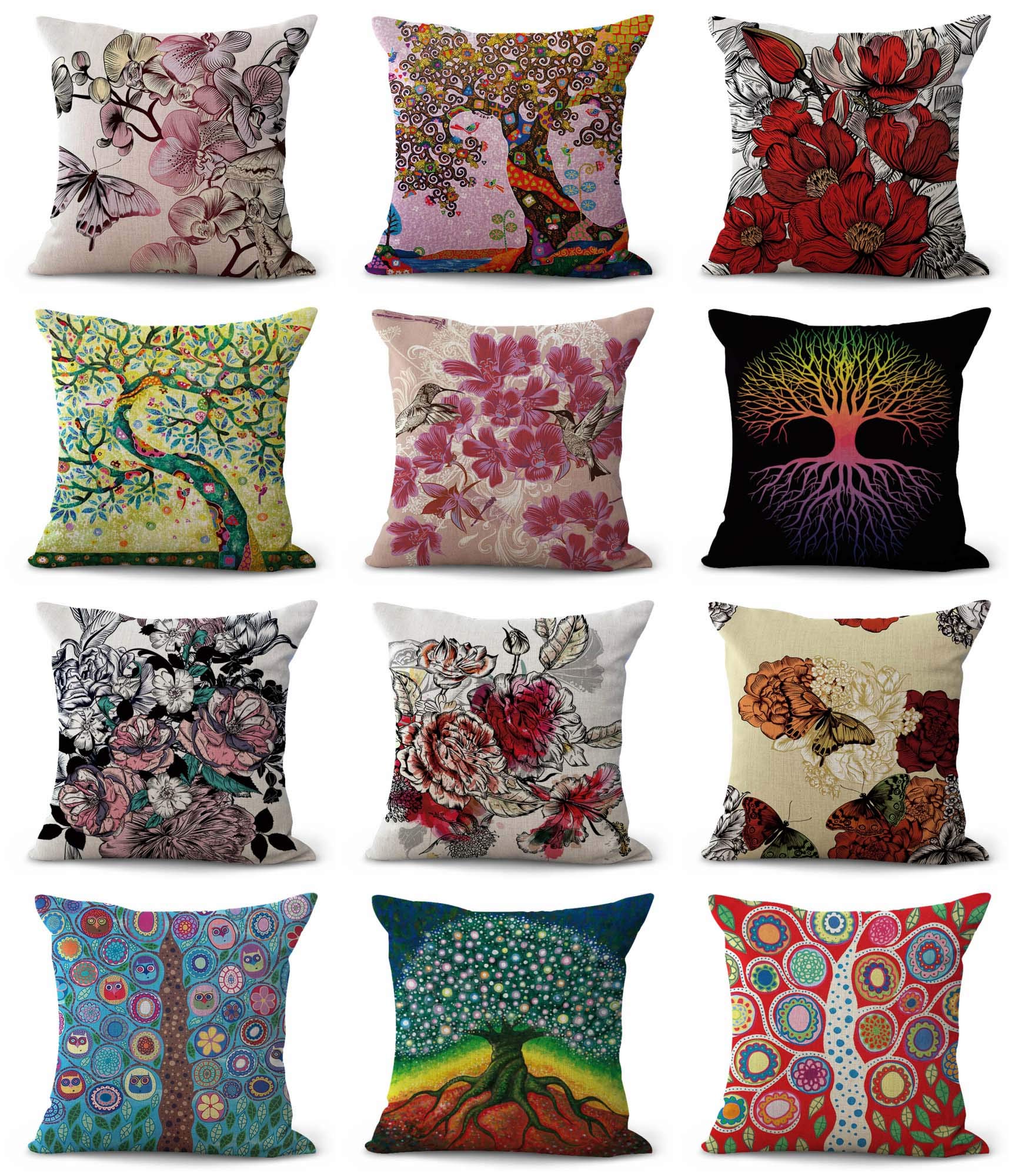 10-Pack Boho Flower Tree of Life Cushion Covers - Decorative Pillow Cases for Sofa, Bed, Couch - Soft Cotton Bohemian Throw Pillow Covers for Living Room, Bedroom Home Decor