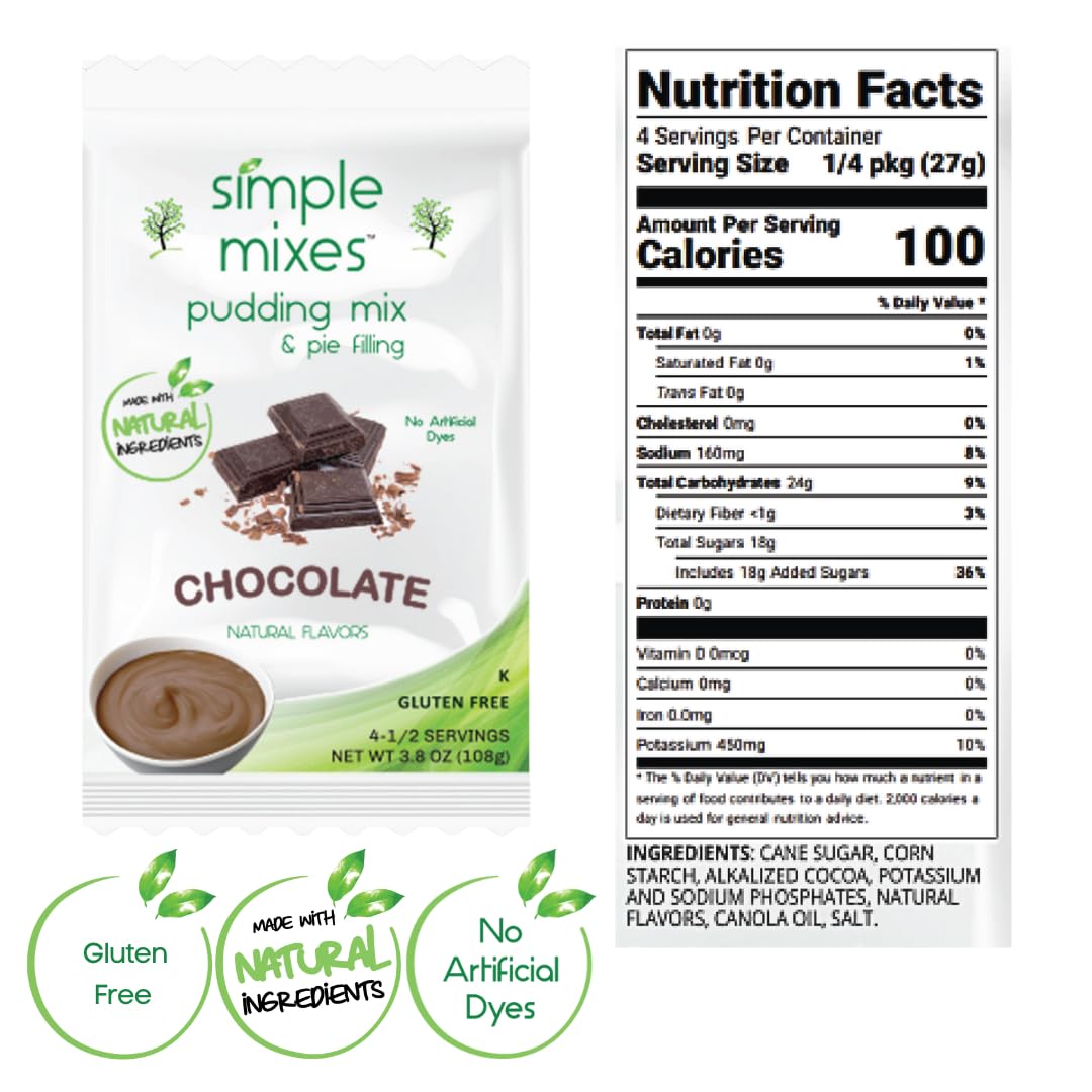 Simple Mixes Natural Instant Pudding Mix - Healthy Chocolate Snack, Dye-Free, Fat-Free, Gluten-Free, Kosher Certified (6 Pack) - Perfect for Desserts, Lunchboxes & Quick Treats