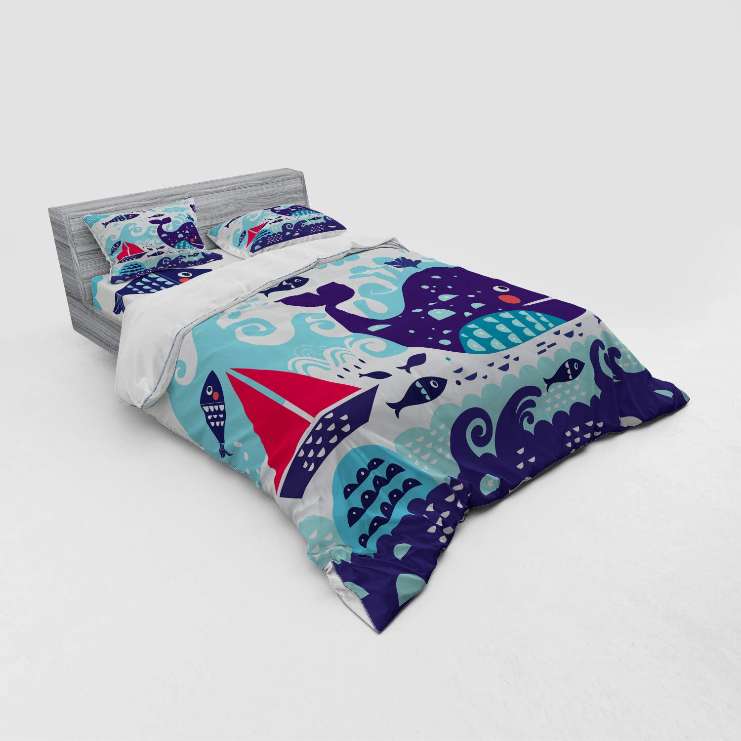 Ambesonne Purple Nautical Bedding Set - Queen Size 4-Piece Duvet Cover Set with Shams & Fitted Sheet - Whale, Sailboat, Fish & Waves Ocean Theme Design - Perfect for Coastal, Beach House or Marine-Themed Bedrooms