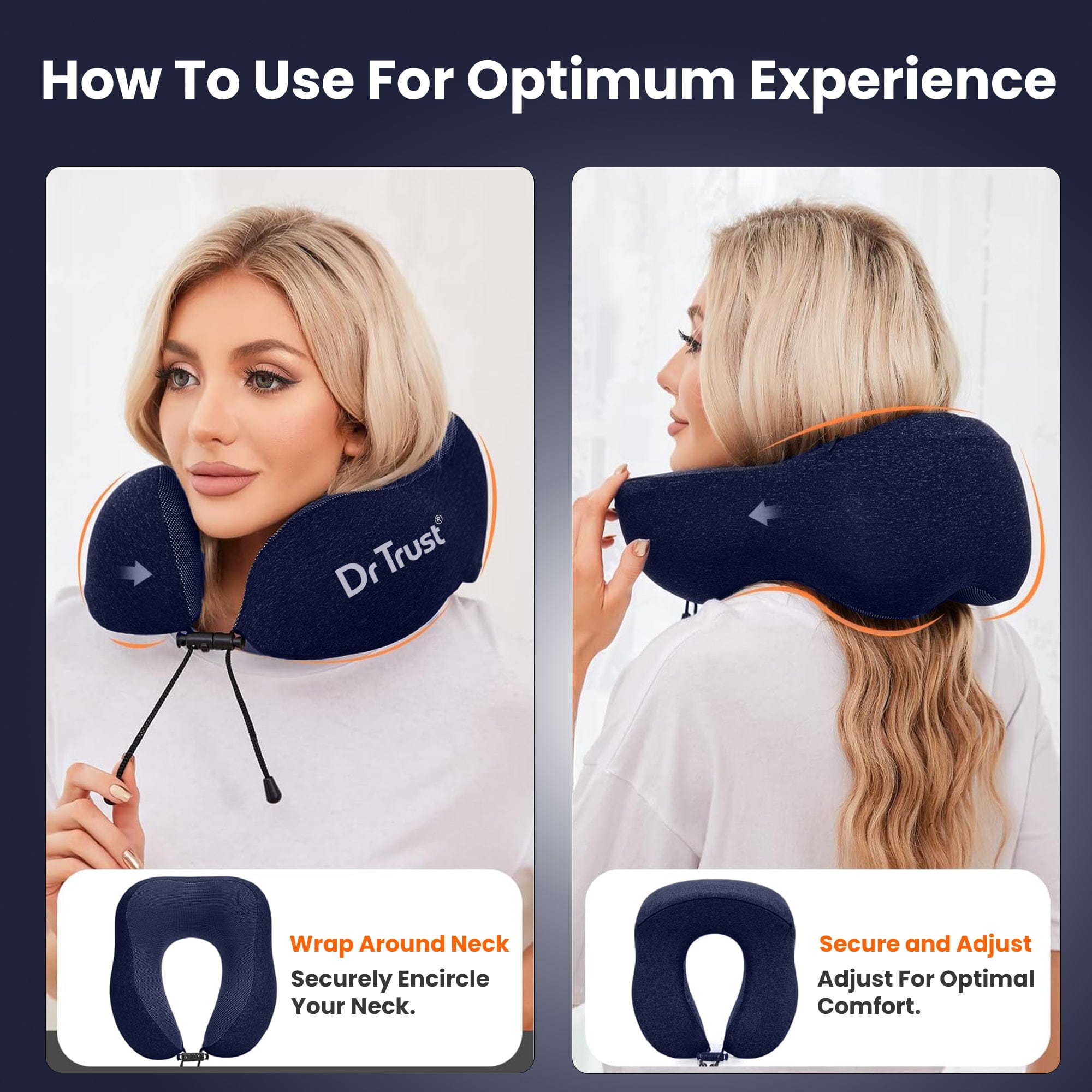 Dr Trust USA Orthopedic Memory Foam Travel Neck Pillow for Adults - Cervical Pain Relief Airplane Head Rest Support Cushion - Perfect for Long Flights, Road Trips & Office Comfort
