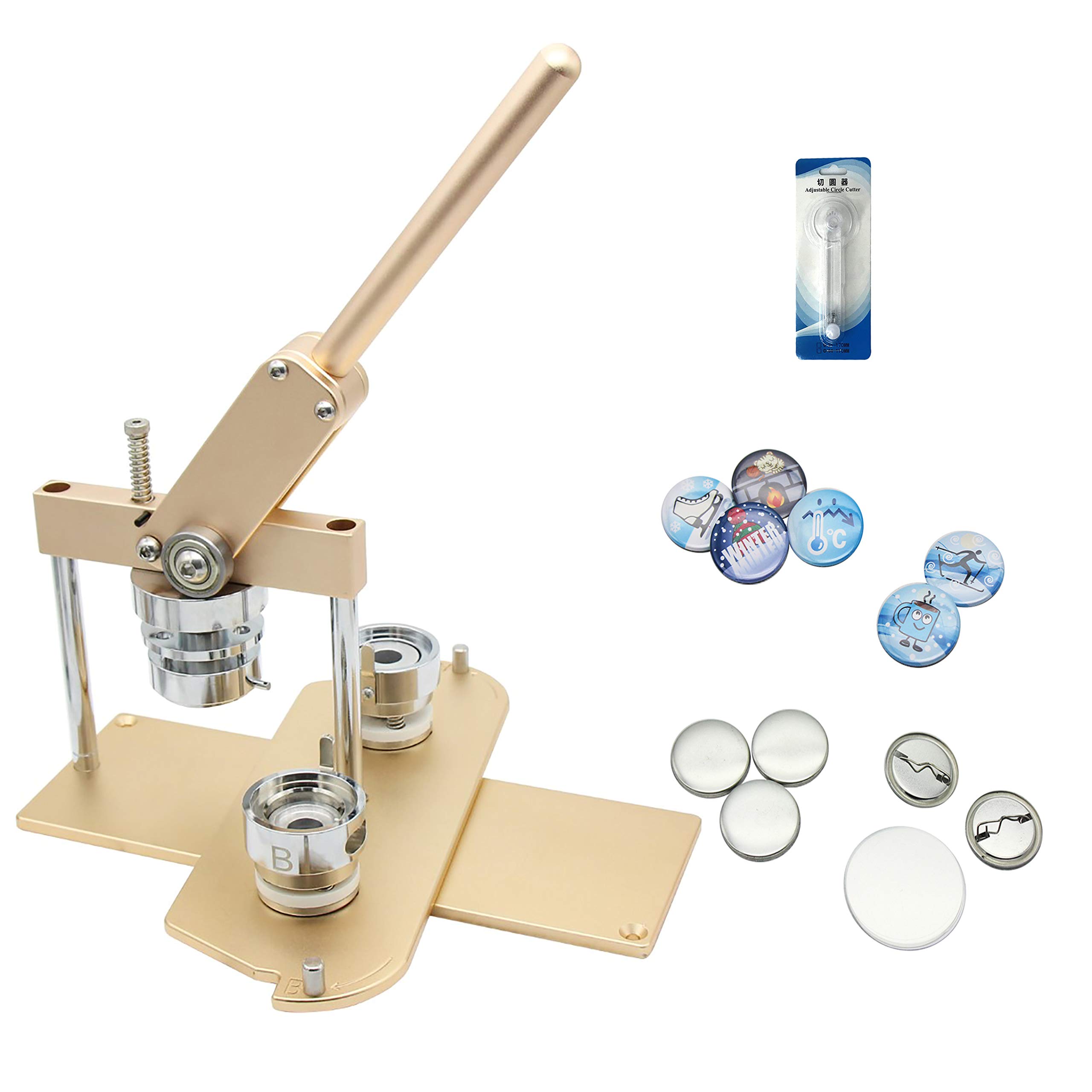 ChiButtons B400 Pro 37mm (1.5 Inch) Professional Button Maker Kit - All Metal Press Machine with 200 Parts, Interchangeable Molds & Adjustable Circle Cutter for Custom Badges, Pins, Promotional Items - Perfect for DIY Crafts, School Projects, Business Giveaways and Personalized Gifts (Golden)