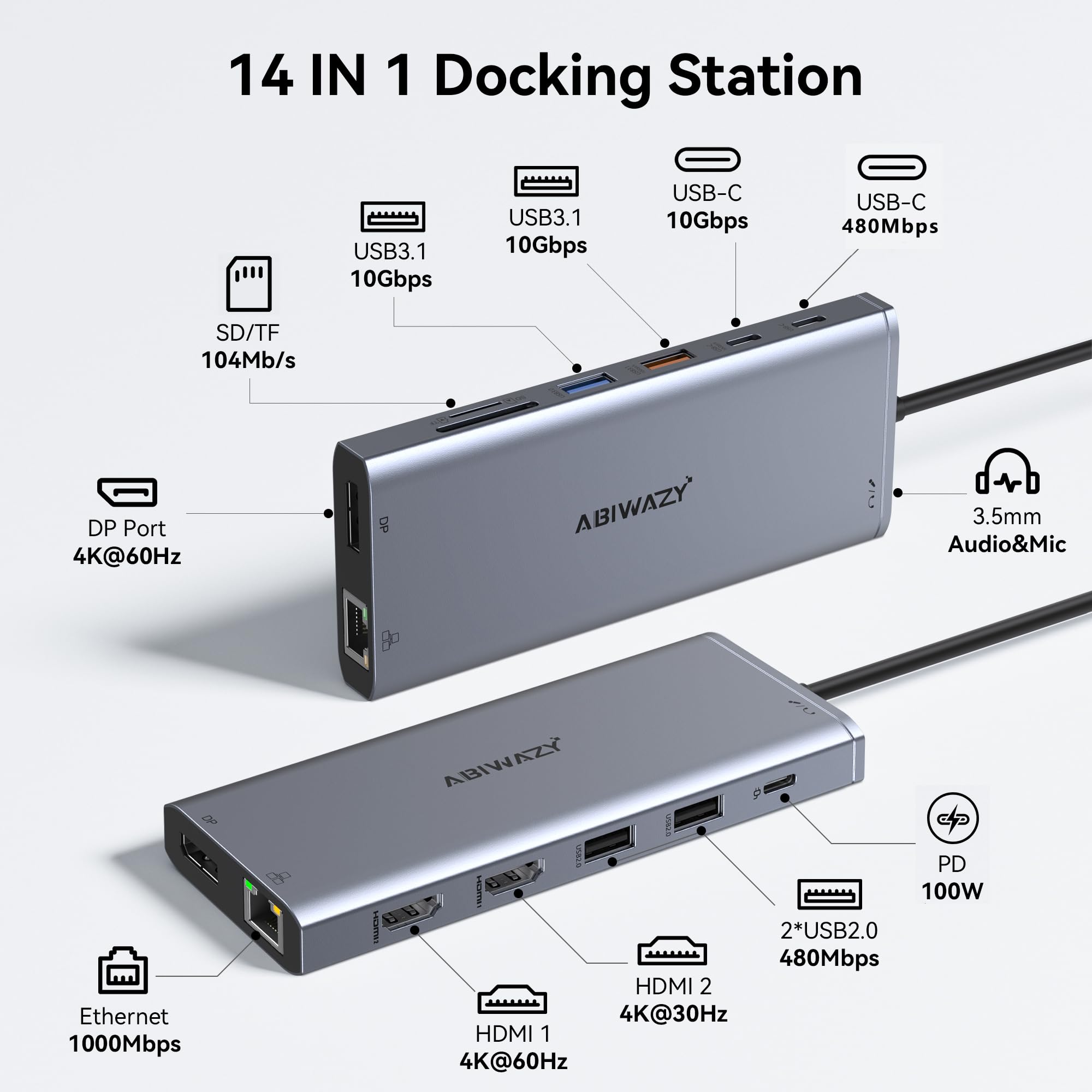 Premium USB C Docking Station Dual Monitor - 14-in-1 USB C Hub with Triple Display (HDMI/DP), 10Gbps USB 3.1 Ports, 100W PD Charging, Ethernet, SD/TF Card Reader, Audio Jack - Compatible with Dell/HP/Lenovo MacBook - Perfect for Home Office & Multi-Screen Workstations