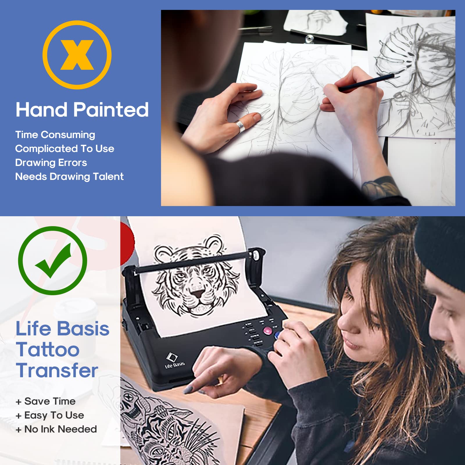 LifeBasis Professional Tattoo Transfer Stencil Printer Machine - Thermal Copier with 30PCS Stencil Paper for Tattoo Artists & Beginners | Portable Tattooing Equipment for Studio & Home Use | Black