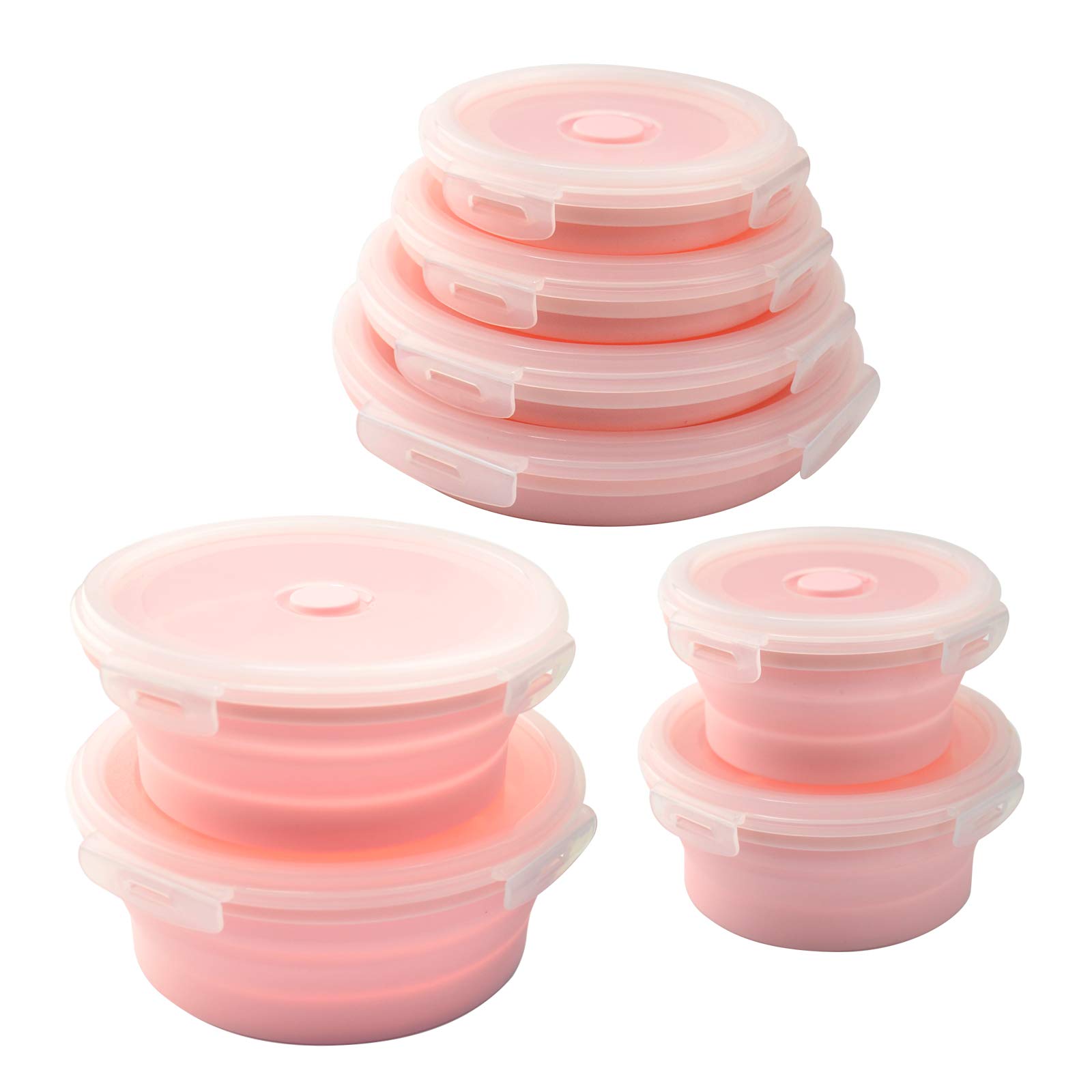 ULEE Collapsible Silicone Food Storage Containers Set of 4 - Microwave & Freezer Safe, BPA-Free Round Lunch Boxes for Meal Prep, Leftovers & On-the-Go (Pink) - Perfect for Office, School, Picnics & Travel