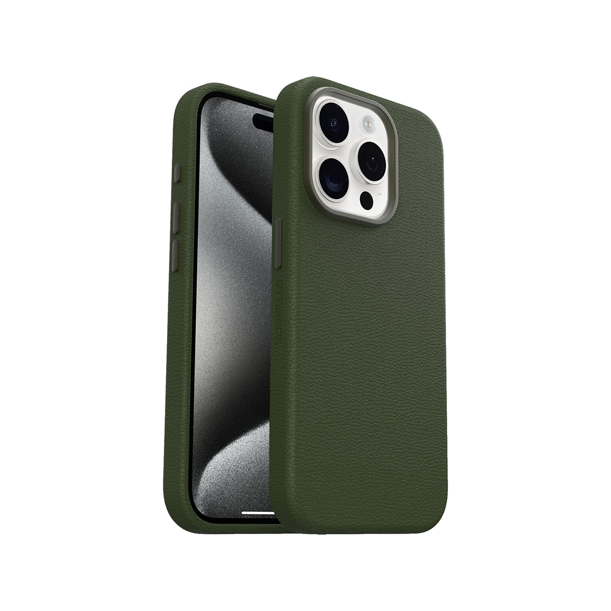 OtterBox Symmetry Cactus Leather Phone Case for iPhone 15 Pro - Eco-Friendly Green Vegan Leather Protective Cover | Perfect for Everyday Use, Travel & Outdoor Activities