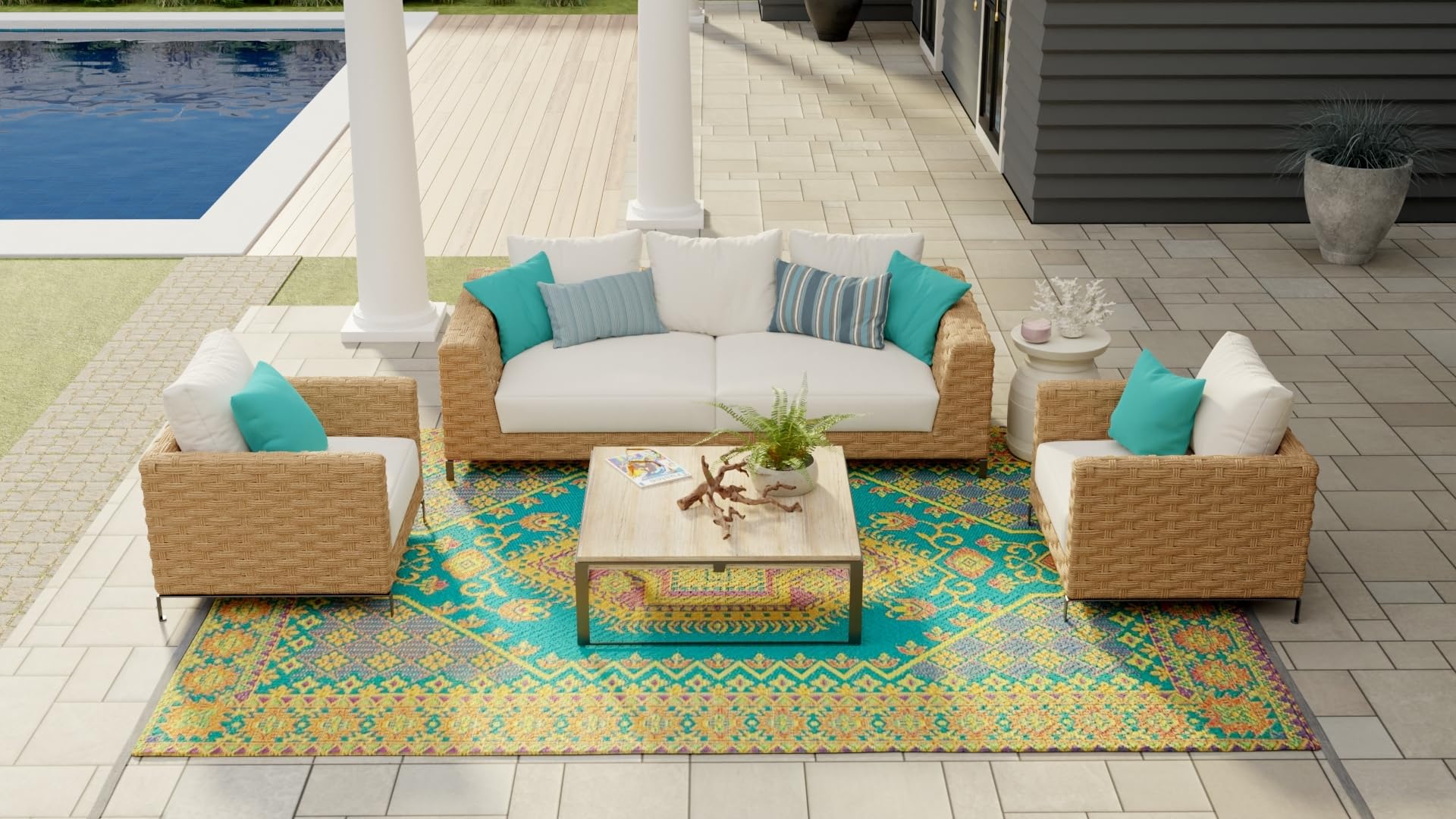 Mad Mats Traditional Reversible Outdoor Rug 5' x 8' - Durable Plastic Mat for Patio, Porch, Poolside, Deck & RV | Waterproof & Easy-Clean | Oriental Turkish Design in Aqua Blue | Perfect for Camping, Mudroom & Outdoor Entertaining