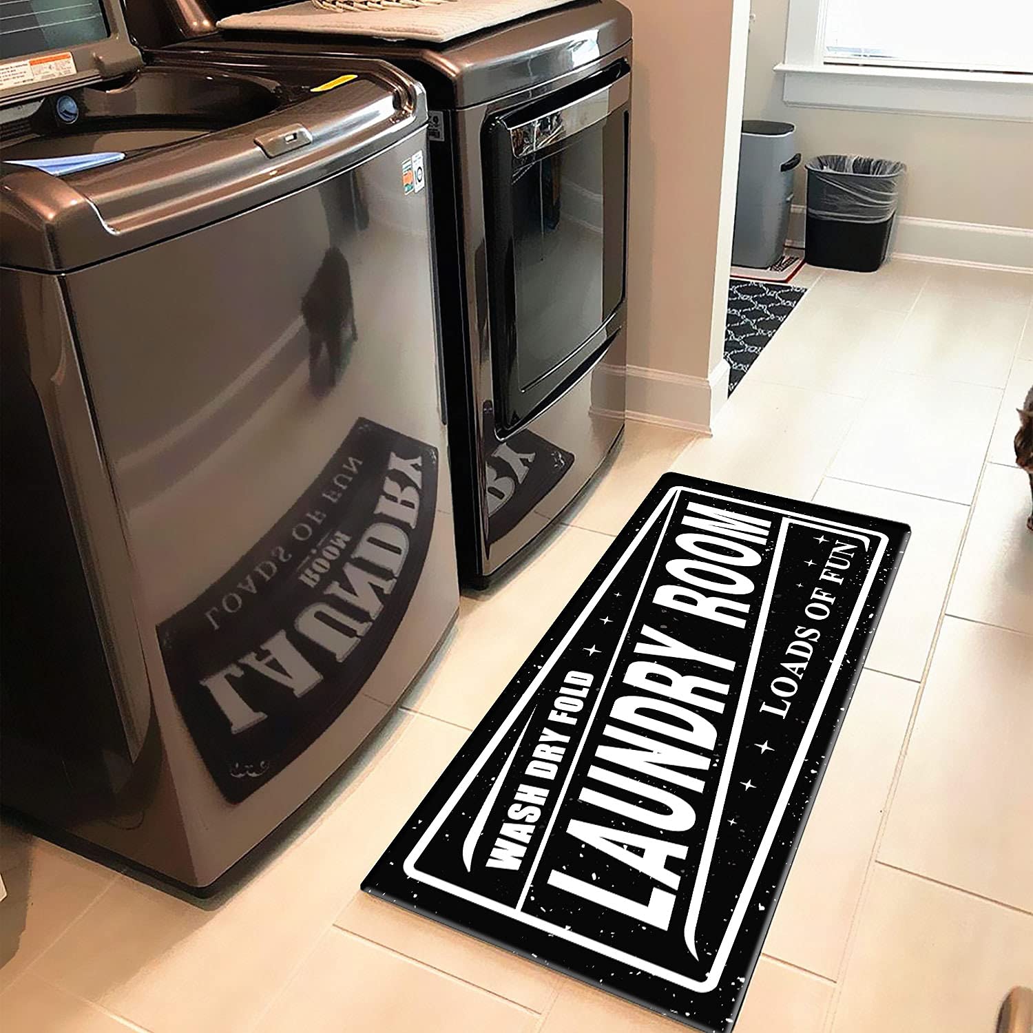 Black and White Anti-Fatigue Laundry Room Rug - Non-Slip Farmhouse Washer Dryer Mat for Comfortable Standing - Perfect for Laundry Room, Washroom, Kitchen & Bathroom - 20