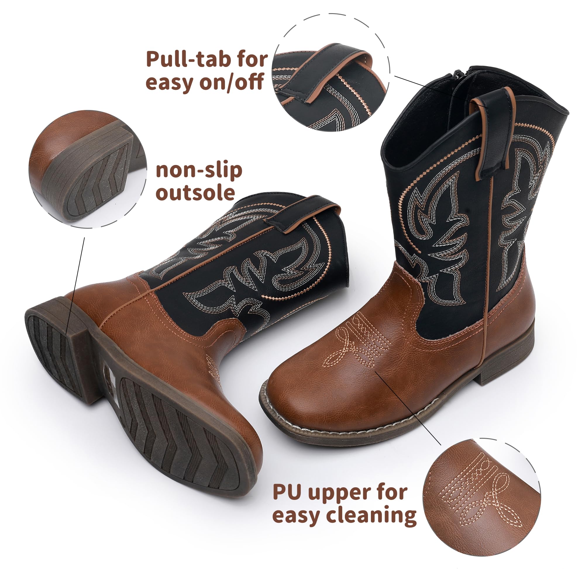Blikcon Kids Cowboy Boots for Boys & Girls - Embroidered Square Toe Western Rodeo Boots with Side Zipper | Toddler, Little Kid & Big Kid Sizes | Perfect for Rodeo, Cowboy Parties & Western Fashion