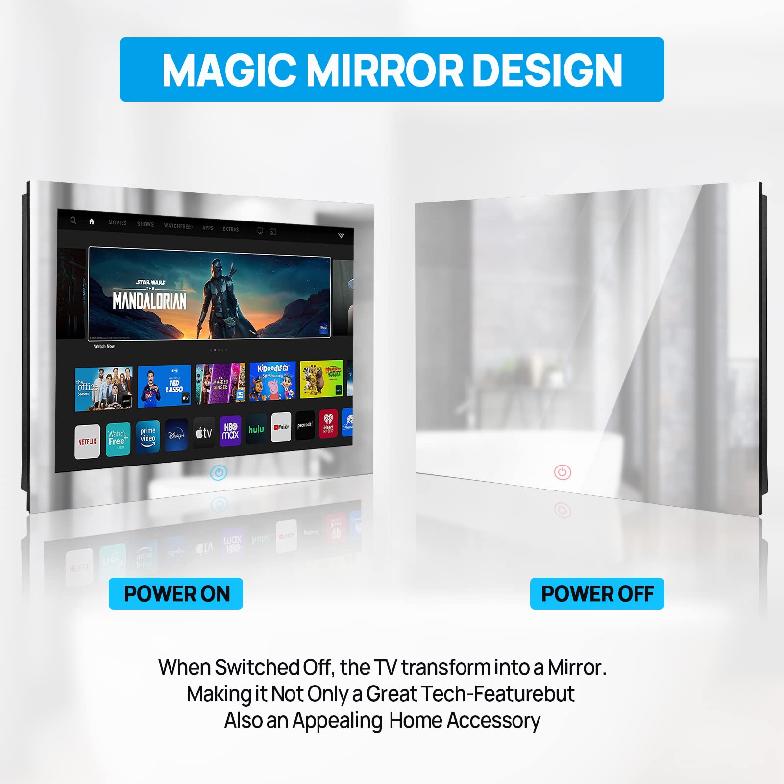 Haocrown 15.6 Inch Waterproof Smart Mirror TV with Touch Screen - Full HD 1080P, Built-in Wi-Fi 2.4/5G & Bluetooth, ATSC Tuner, USB/HDMI, Wall Mountable (8+64GB, HG156BM) - Perfect for Bathroom, Shower & Kitchen Entertainment