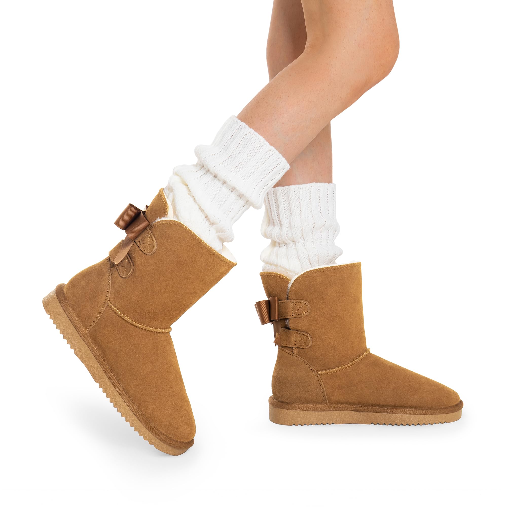 DREAM PAIRS Women's Winter Snow Boots - Genuine Suede Leather with Faux Fur Lining & Memory Foam | Warm Fuzzy Bow-Trimmed Short Booties for Women | Perfect for Outdoor Winter Activities & Indoor Comfort