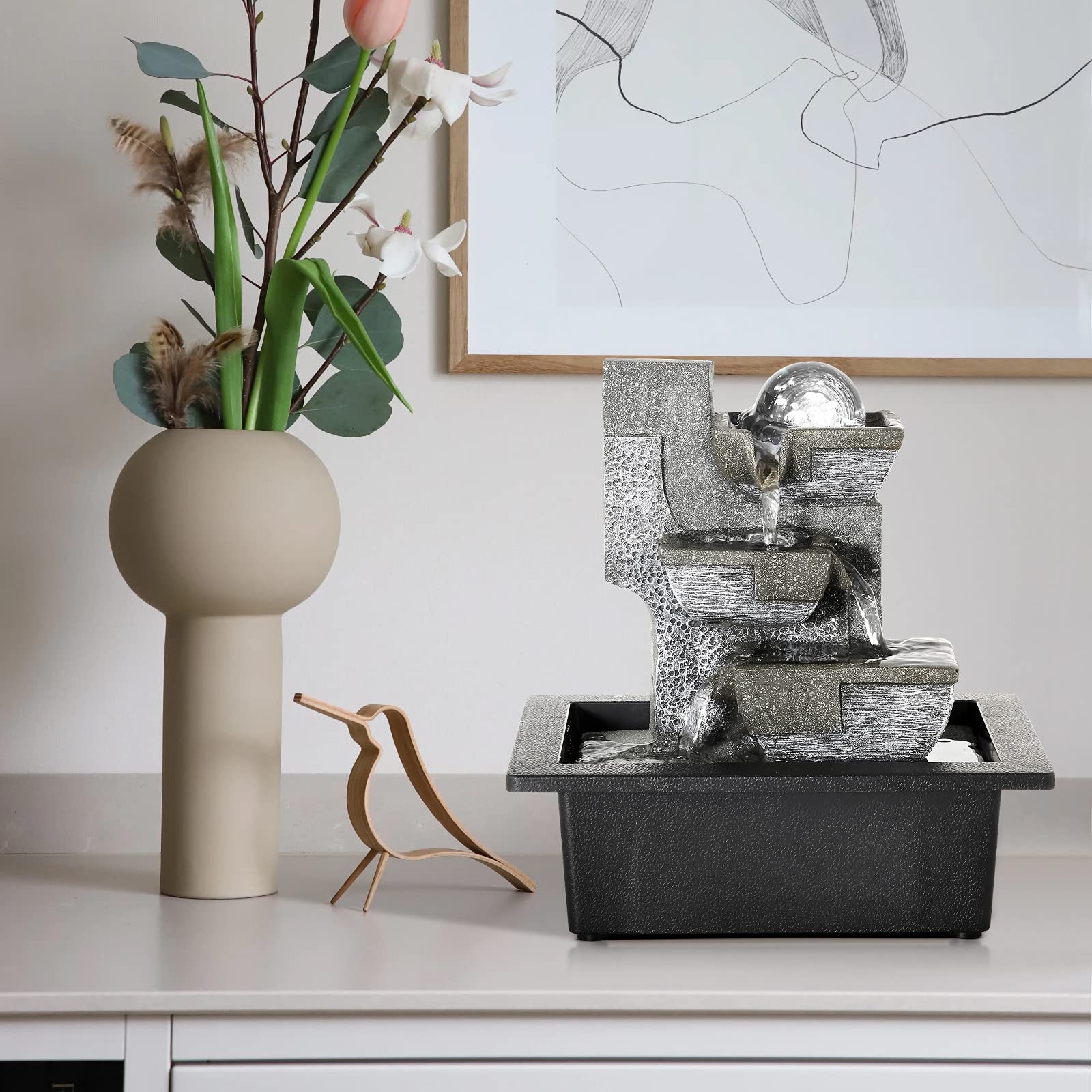 Dyna-Living Indoor Tabletop Fountain with LED Lights - Relaxing Waterfall Fountain for Home Decor, Office, Yoga & Meditation Spaces