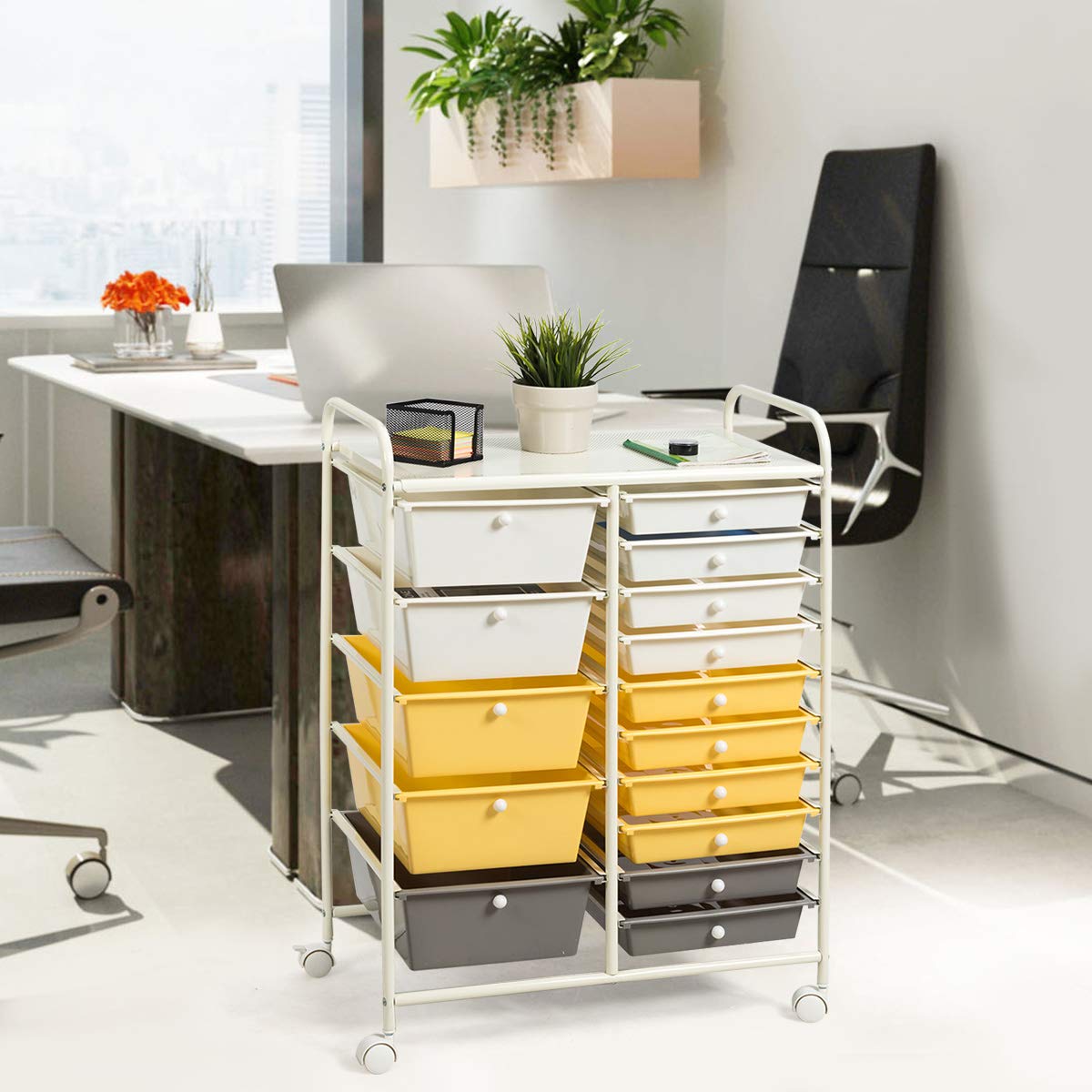 Byroce 15-Drawer Rolling Storage Cart - Mobile Organizer for Art Supplies, School Tools & Office Paper - Yellow Multipurpose Rolling Utility Cart for Classroom, Craft Room & Home Office Organization | Perfect for Teachers, Artists & Remote Workers